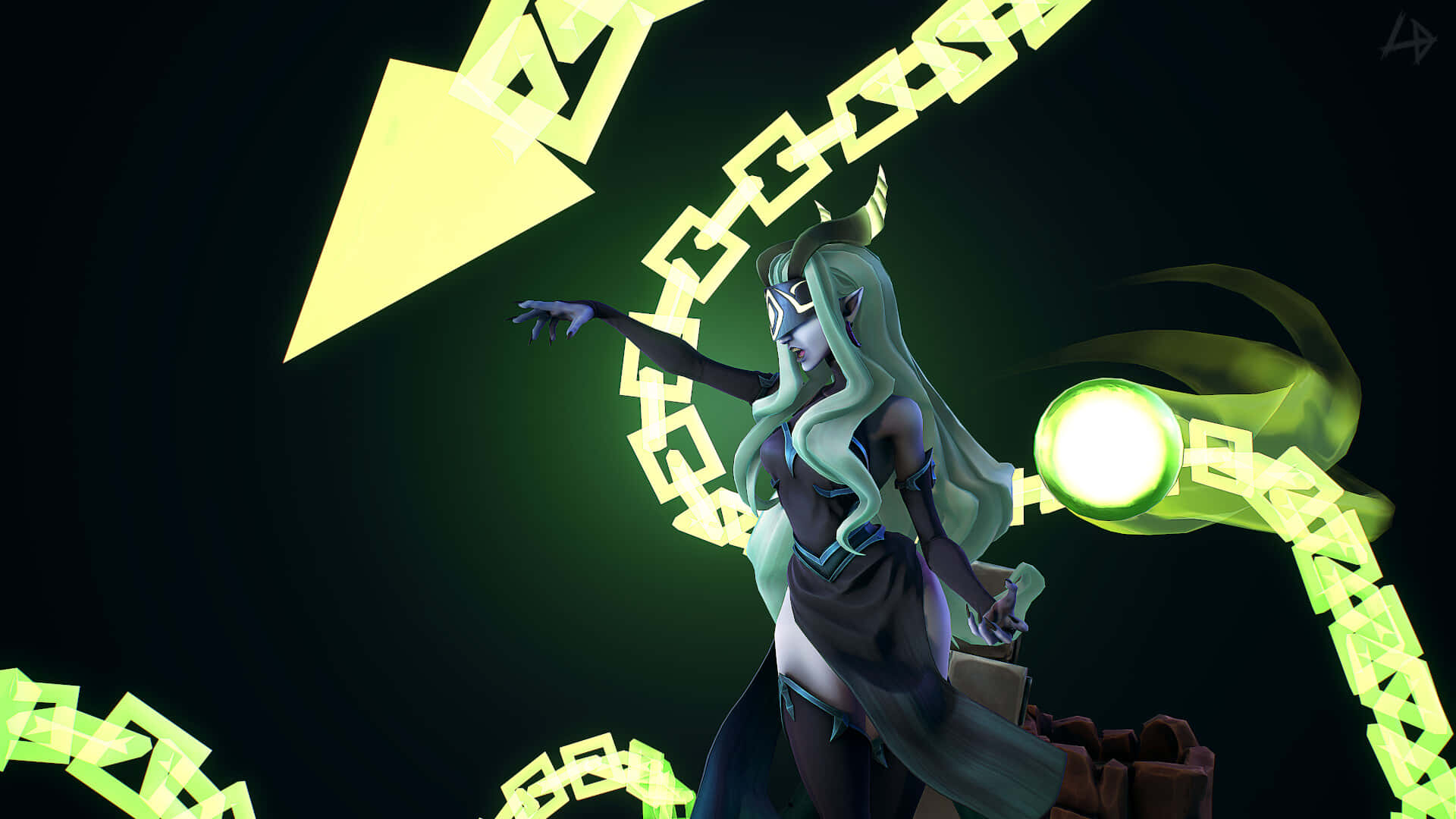 Afk Arena 桌布 壁紙 — 一個發光的綠色頭髮動漫角色在黑暗背景下揮舞魔法鎖鏈和明亮球體。