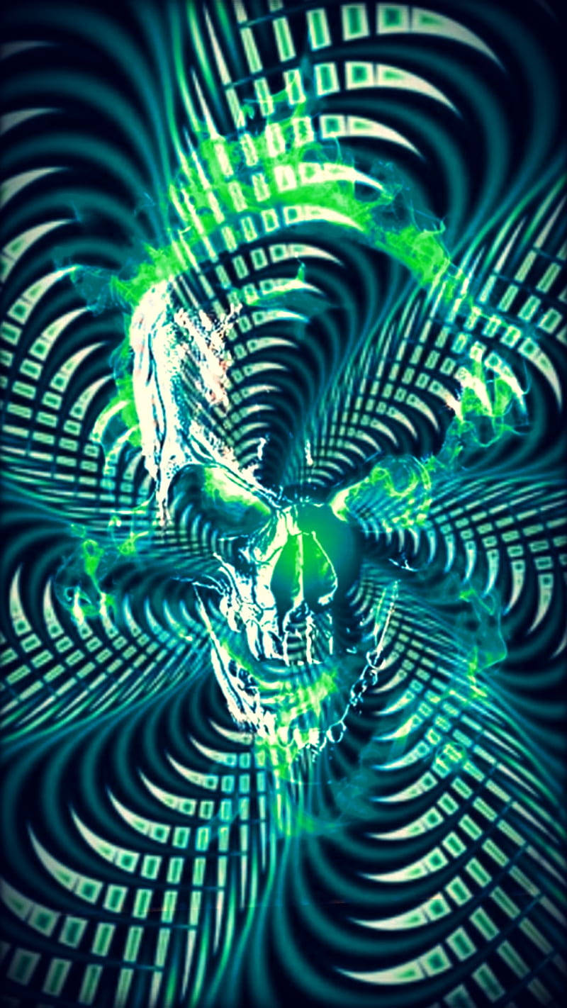 Green Fire Skull 桌布 壁紙 — 一個發光的綠色骷髏從旋轉的數位代碼中浮現，背景為深藍綠色。
