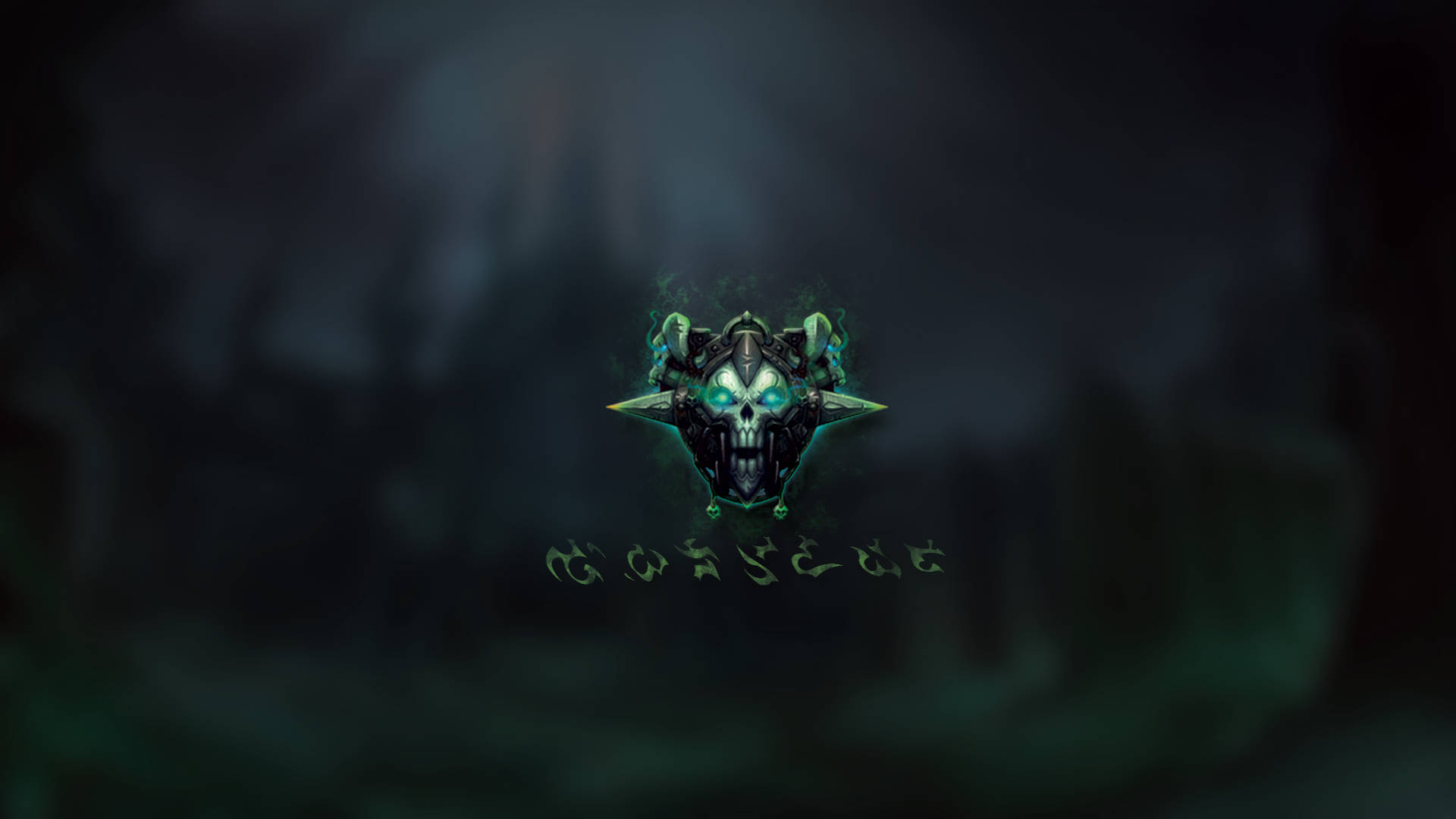 Death Knight 桌布 壁紙 — 一個發光的綠色骷髏標誌，帶有發光的眼睛和華麗的細節，居中於黑暗煙霧背景上。
