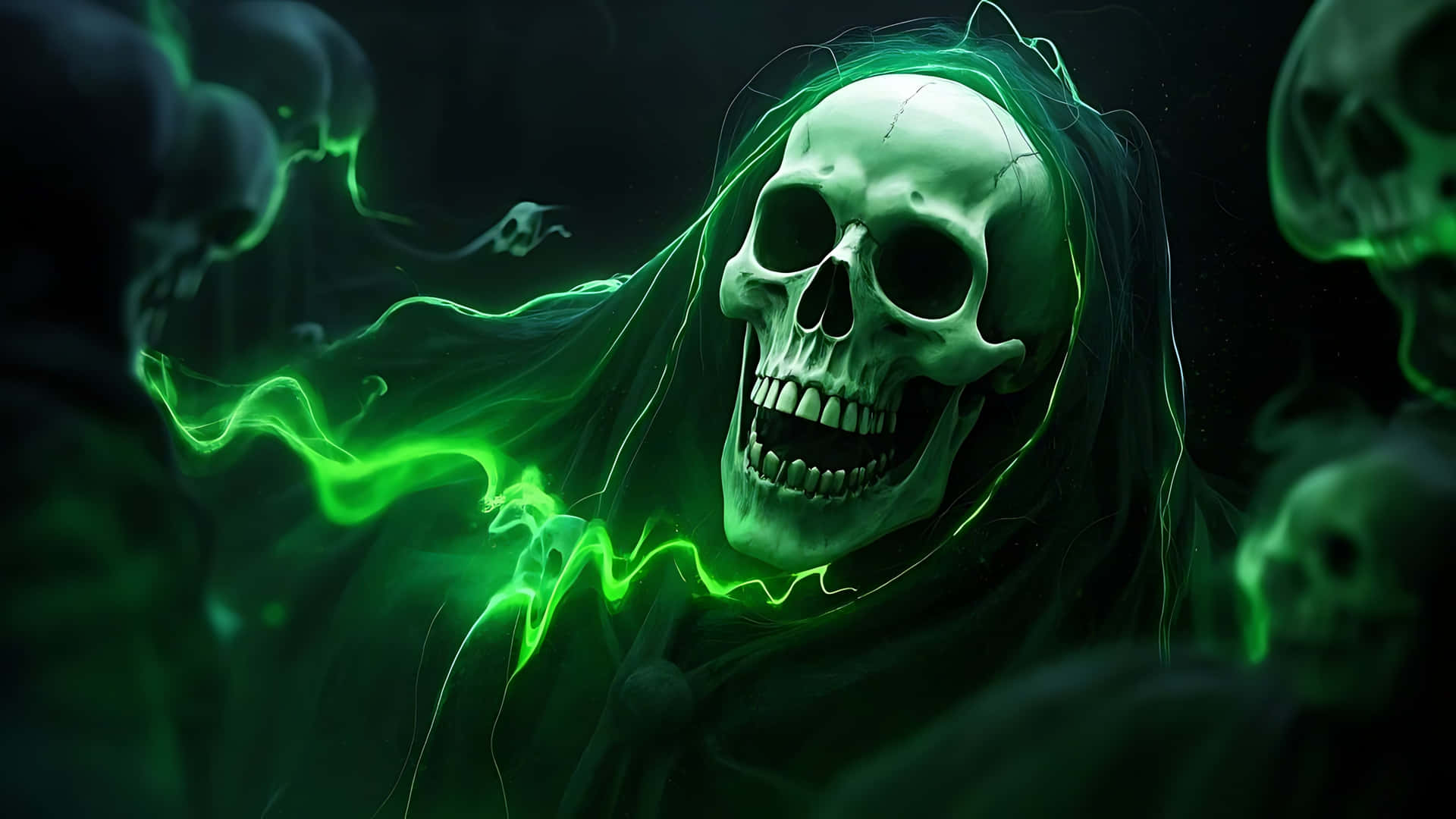 Ghost-Infested Skull with Screaming Shadows. ghost wallpaper 壁紙 — 一個發光的綠色骷髏身影，披著連帽斗篷，詭異的能量觸手在其頭骨周圍旋轉。