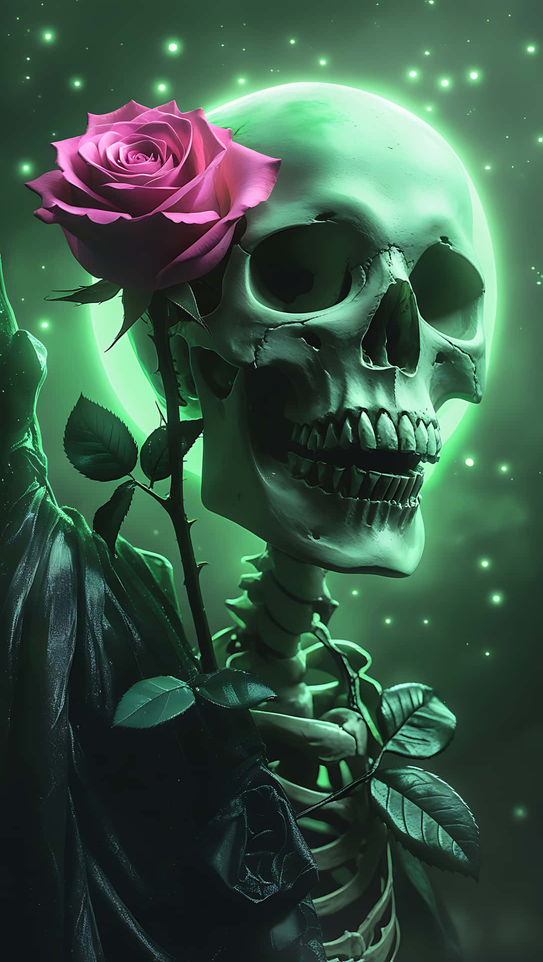 Gothic Skull and Rose Under a Celestial Glow. smartphone wallpaper 壁紙 — 一個發光的綠色骷髏頭拿著一朵鮮豔的粉紅色玫瑰，背景是星空綠色。