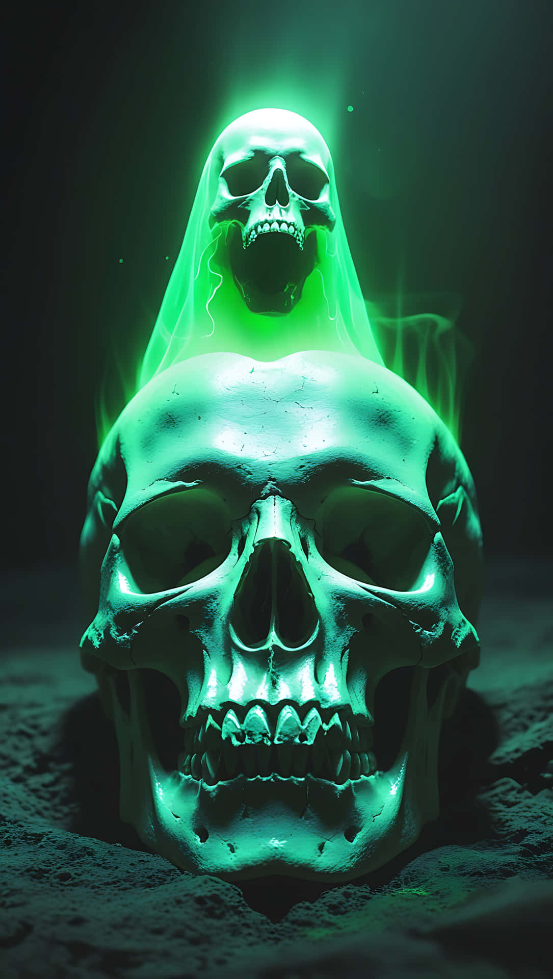 Shadowy Skull with Phantom Ghost and Mystic Light. smartphone wallpaper 壁紙 — 一個發光的綠色鬼頭骨懸浮在一個嵌入黑暗泥土中的較大頭骨上方，在詭異的綠光下。