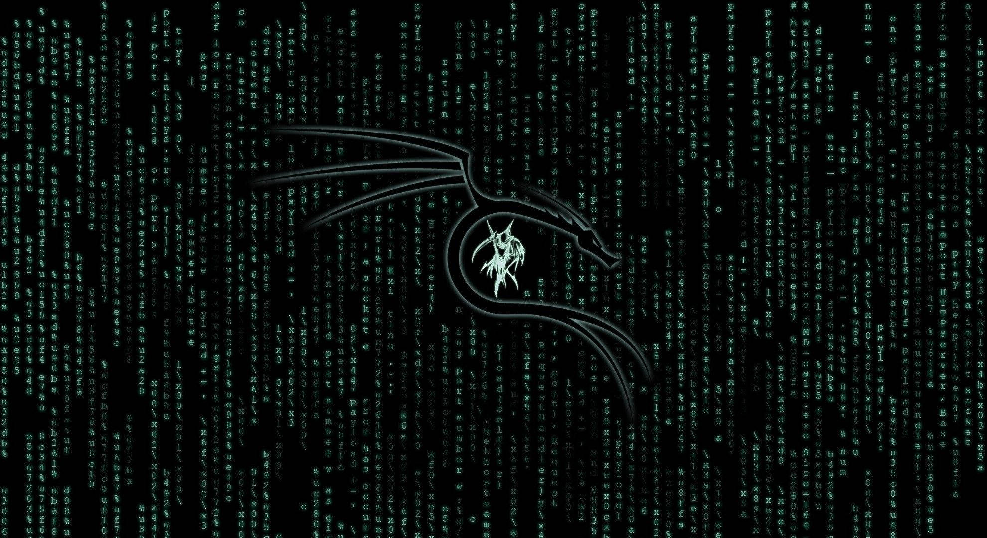 kali 桌布 壁紙 — 一個發光的綠色龍徽章從層疊的數位代碼中浮現，背景為黑色。