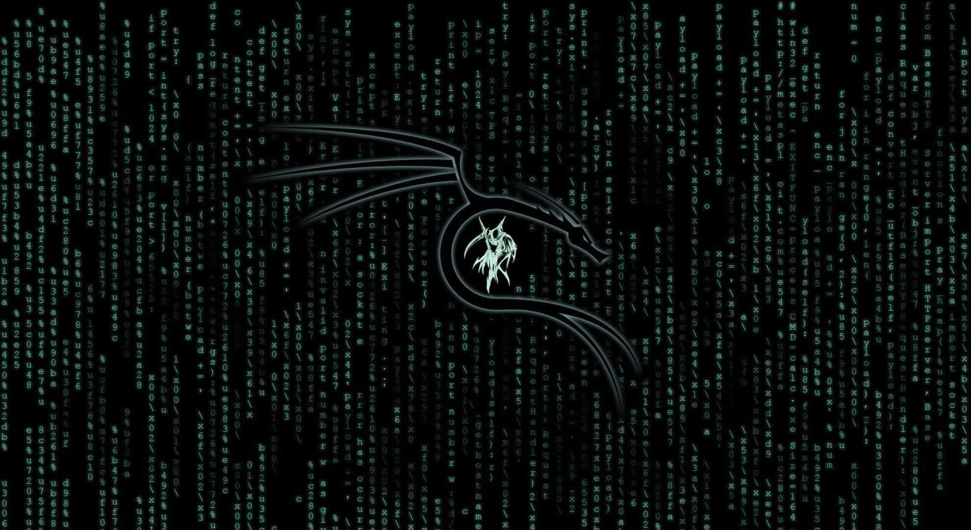 Kali Linux 桌布 壁紙 — 一個發光的綠色龍標誌從黑色背景上落下的數位代碼中浮現。