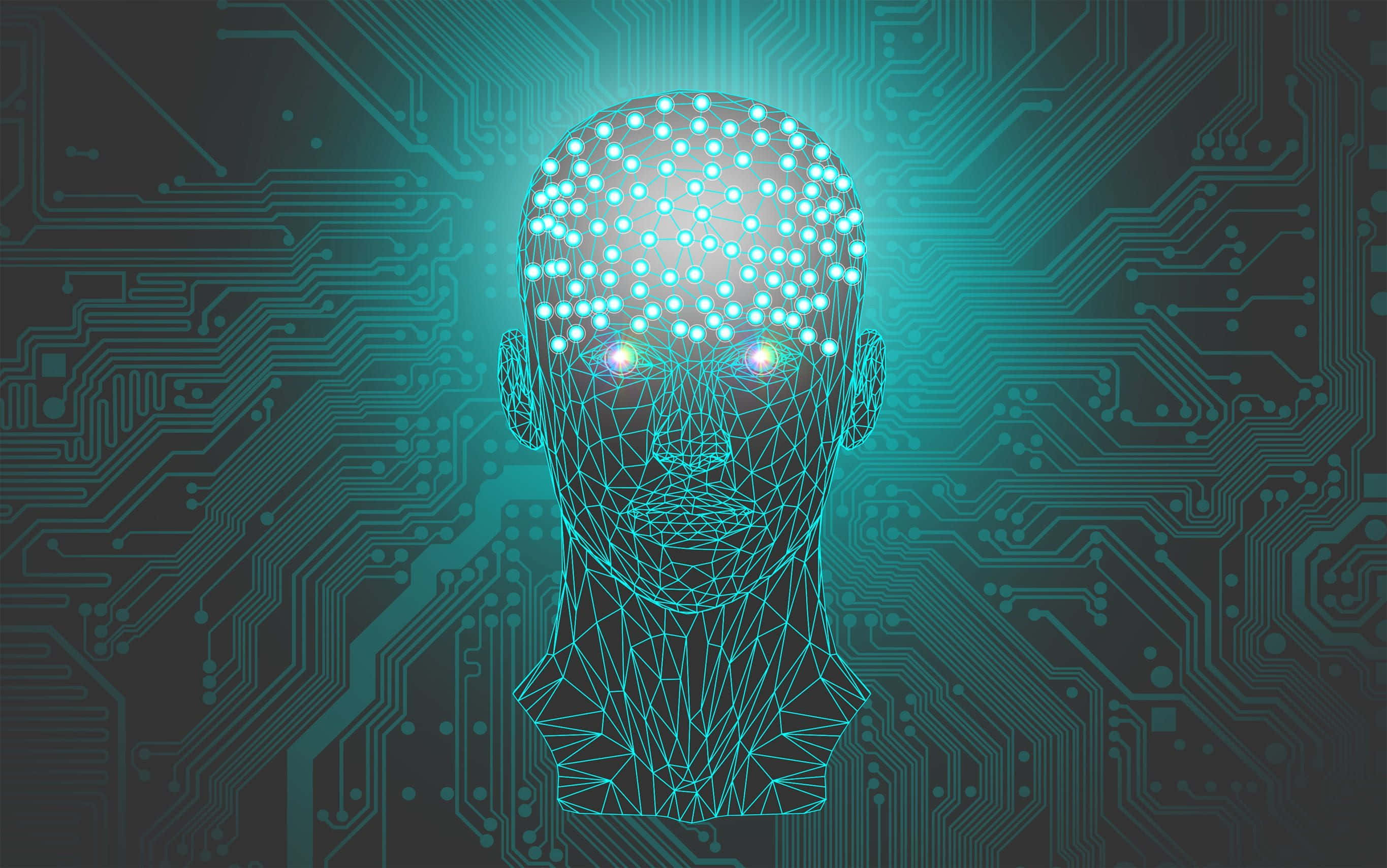 AI 桌布 壁紙 — 一個發光的線框人頭，頭皮上有發光點，置於青綠色電路板背景上。