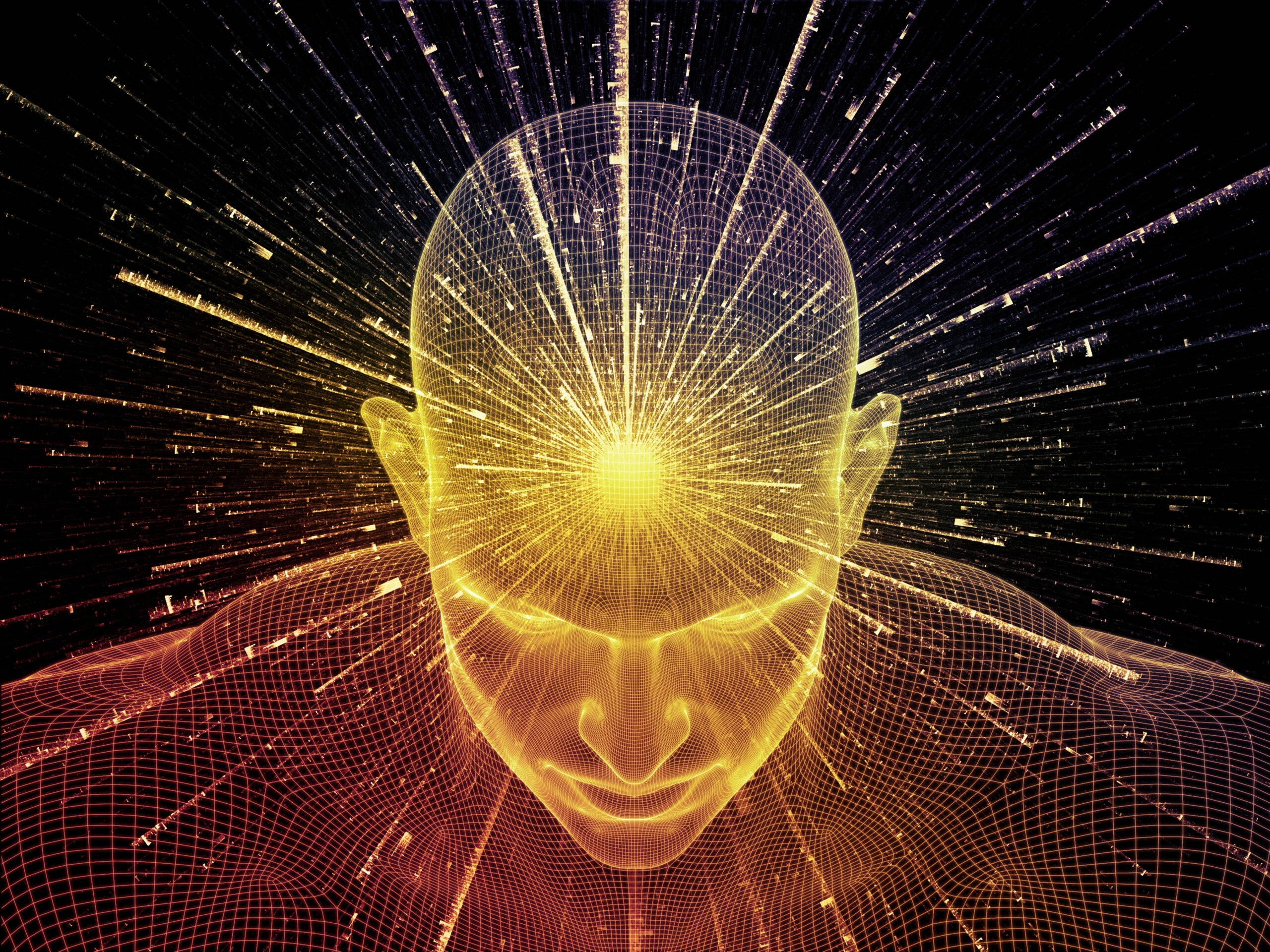 Brain 桌布 壁紙 — 一個發光的線框人頭在黑暗的宇宙背景下散發出金色光芒，並伴有流動的粒子。