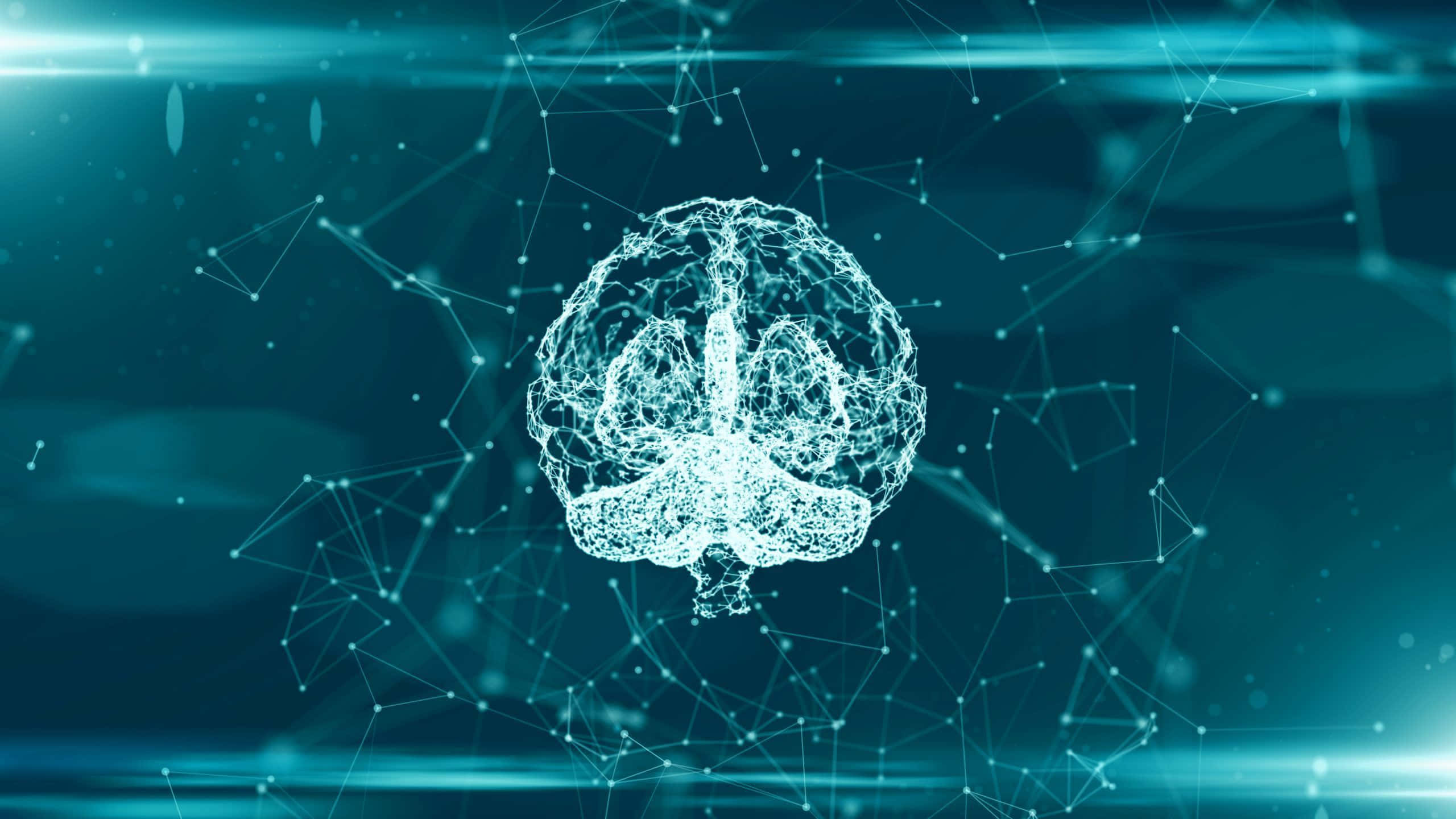 AI 桌布 壁紙 — 一個發光的線框大腦，被數位連接包圍，背景為青綠色的科技背景。