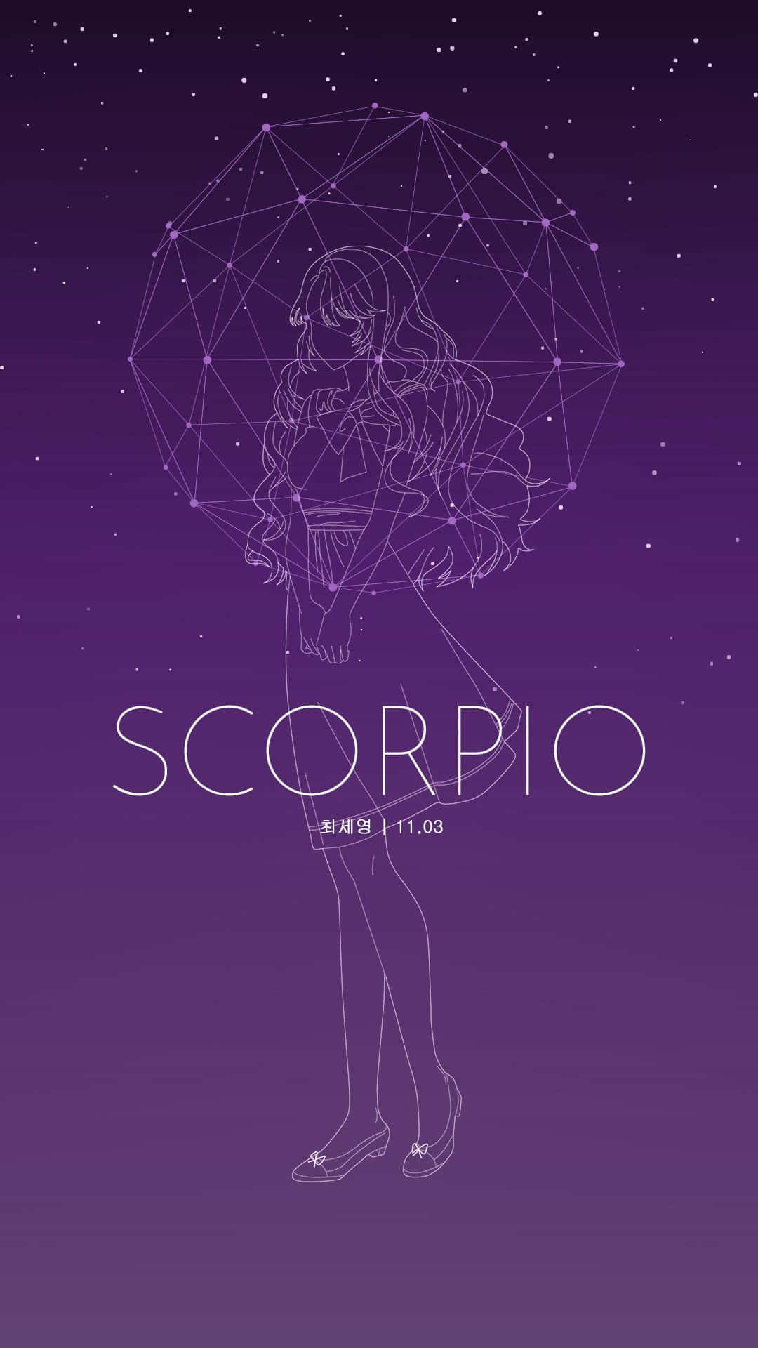 Zodiac Sign 桌布 壁紙 — 一個發光的線框女孩站在一個幾何天蠍座星座下，背景是繁星點點的紫色天空。
