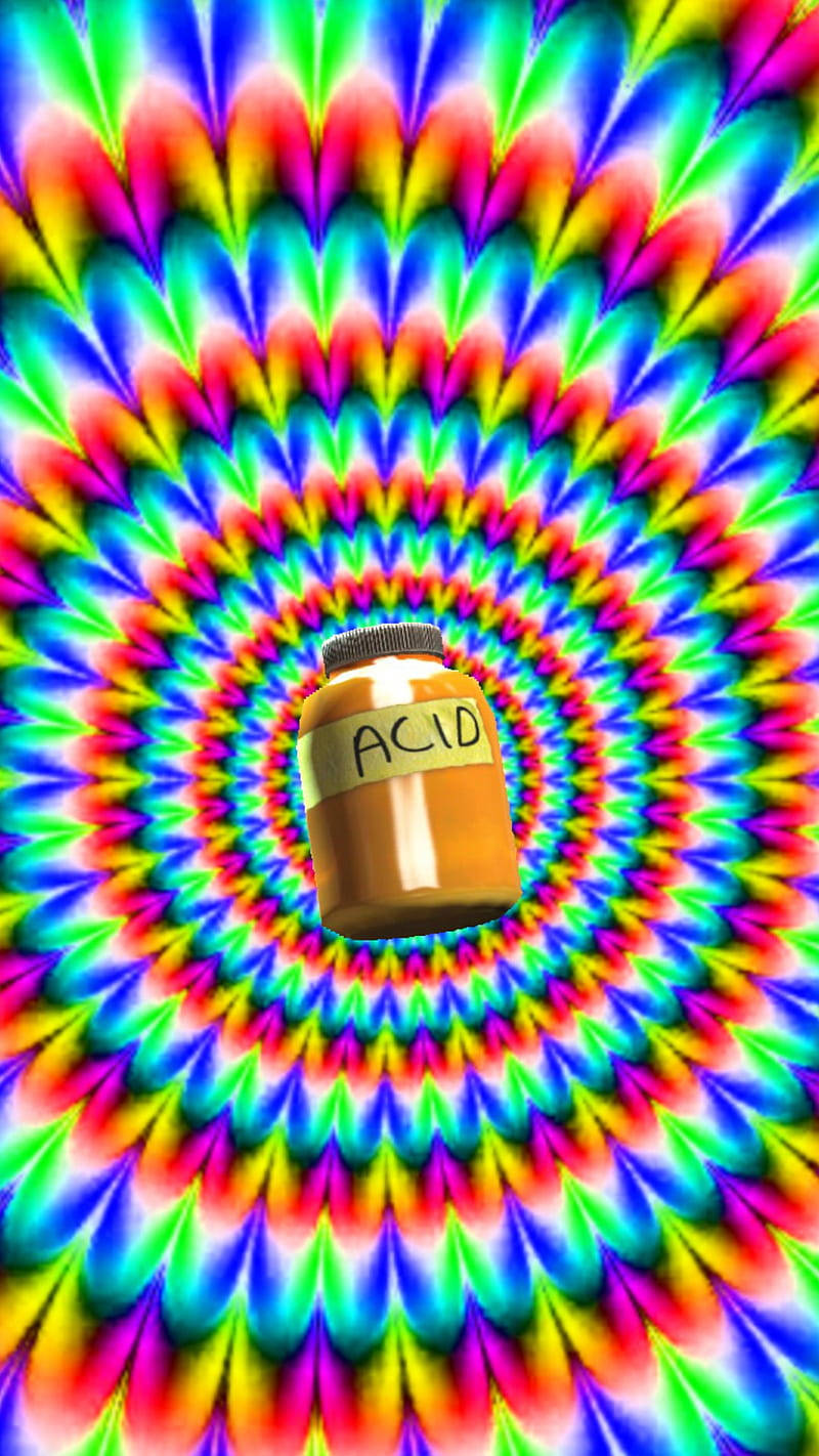 迷幻美學 桌布 壁紙 — 一個發光的罐子標有酸，漂浮在重複幾何圖案的迷幻彩虹漩渦中。