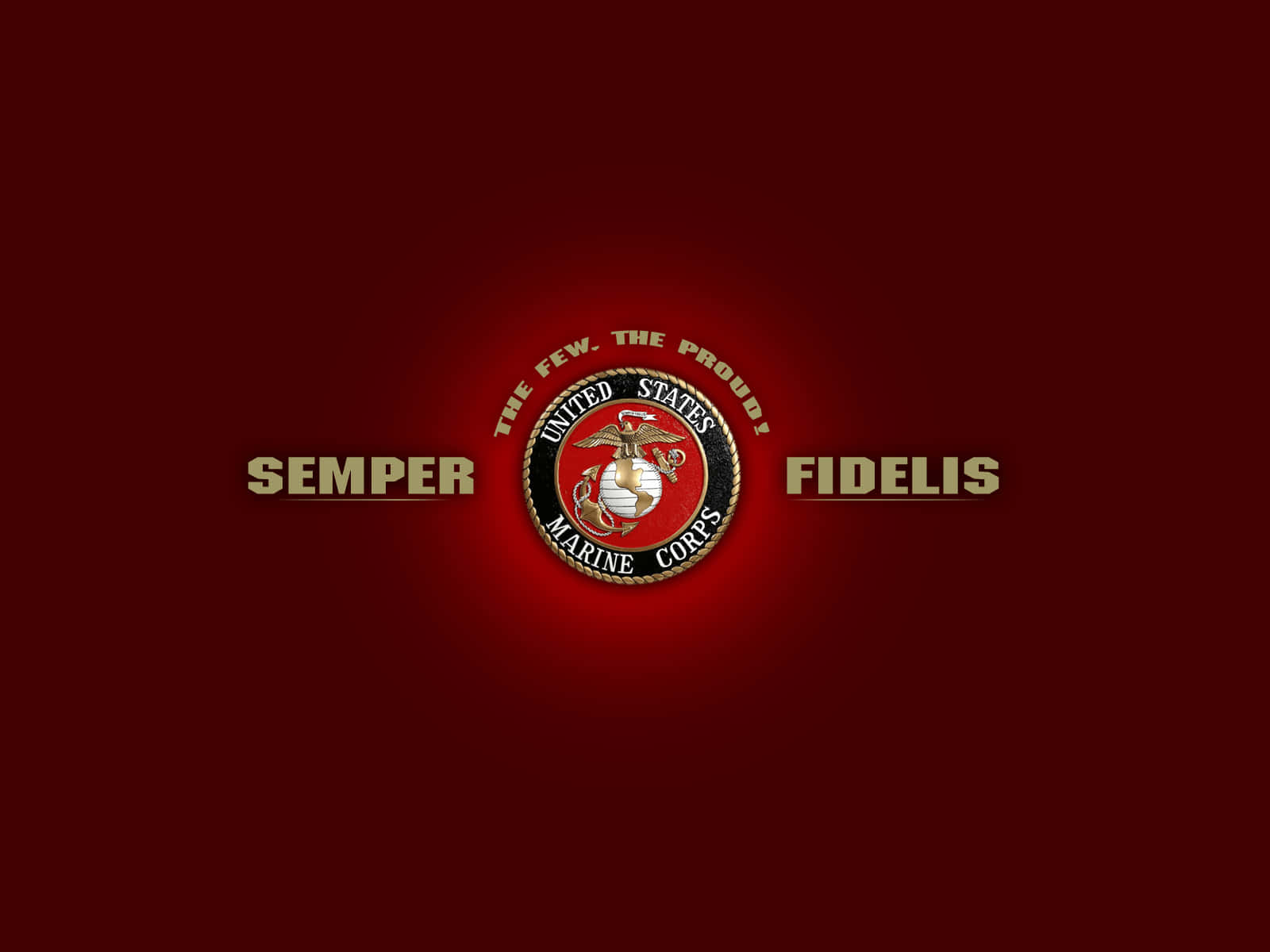 US Marines 桌布 壁紙 — 一個發光的美國海軍陸戰隊徽章，位於深紅色背景中央，兩側有金色的「Semper Fidelis」。