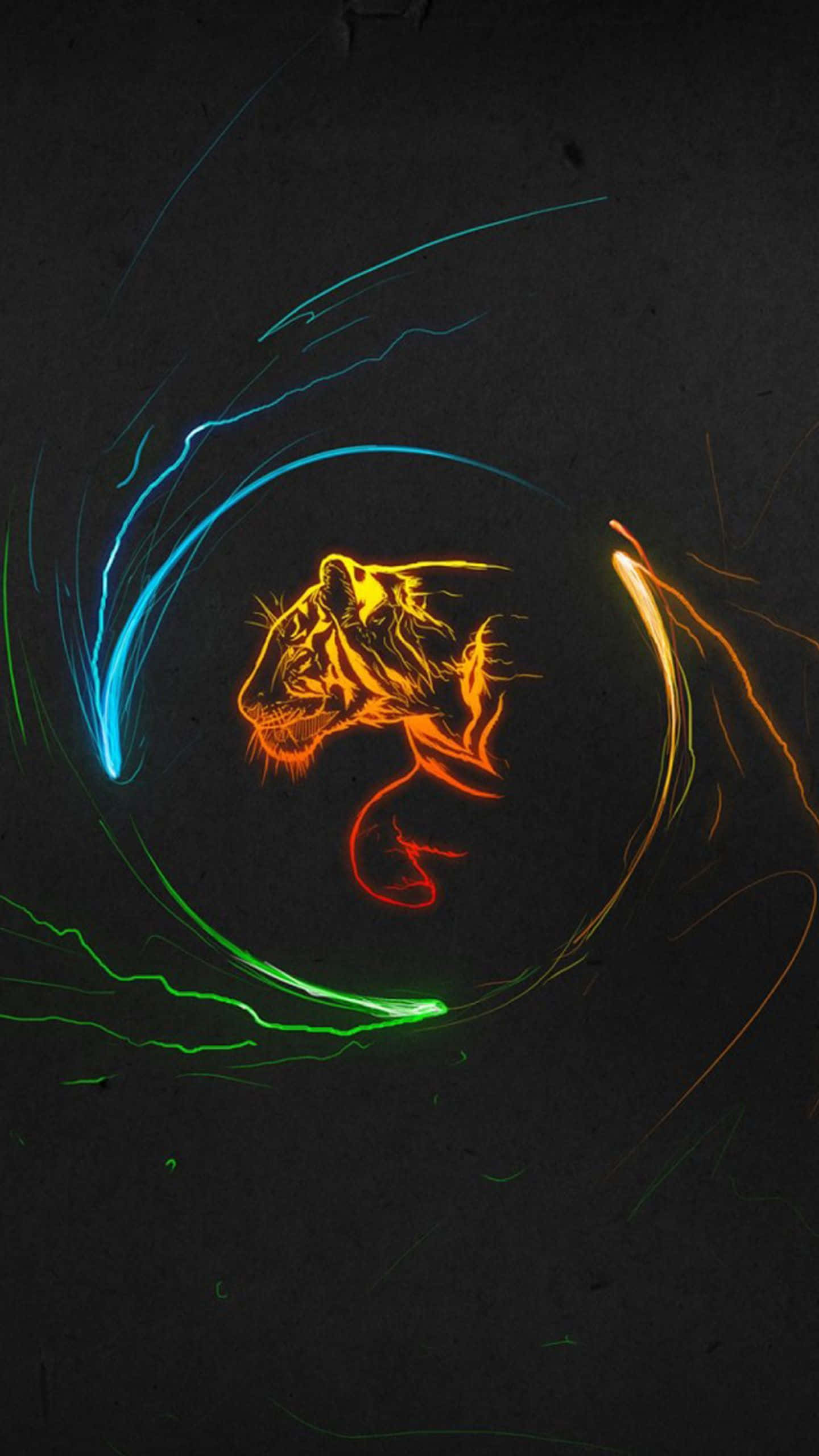 Creative iPhone 桌布 壁紙 — 一個發光的老虎頭，以火橙色和電光藍色條紋在深色紋理背景上動態旋轉。