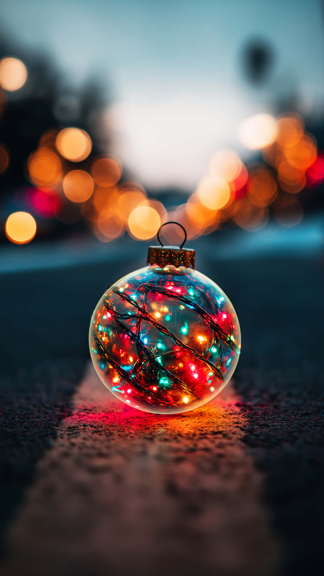 Christmas Wallpapers 壁紙 — 一個發光的聖誕裝飾品，充滿彩色燈光，放在瀝青上，背景是模糊的城市散景。