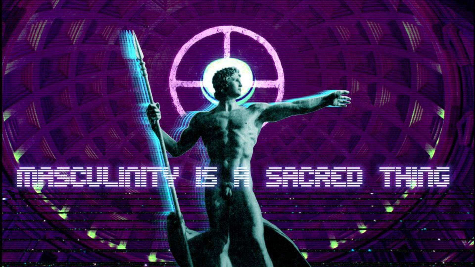 Statue Aesthetic 桌布 壁紙 — 一個發光的肌肉男雕像手持長矛，站在一個帶有霓虹文字的旋轉紫色數位漩渦前。