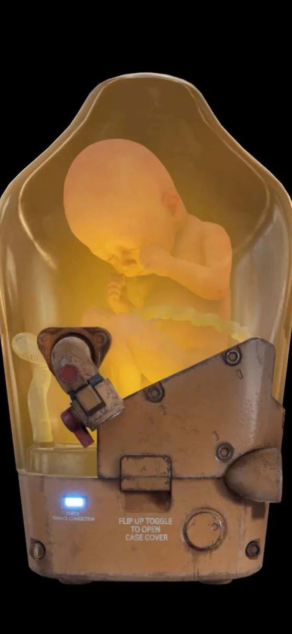 iPhone Xs Death Stranding 桌布 壁紙 — 一個發光的胎兒形象躺在一個磨損的金屬保溫箱內，帶有藍色電源指示燈和翻蓋式開關說明。