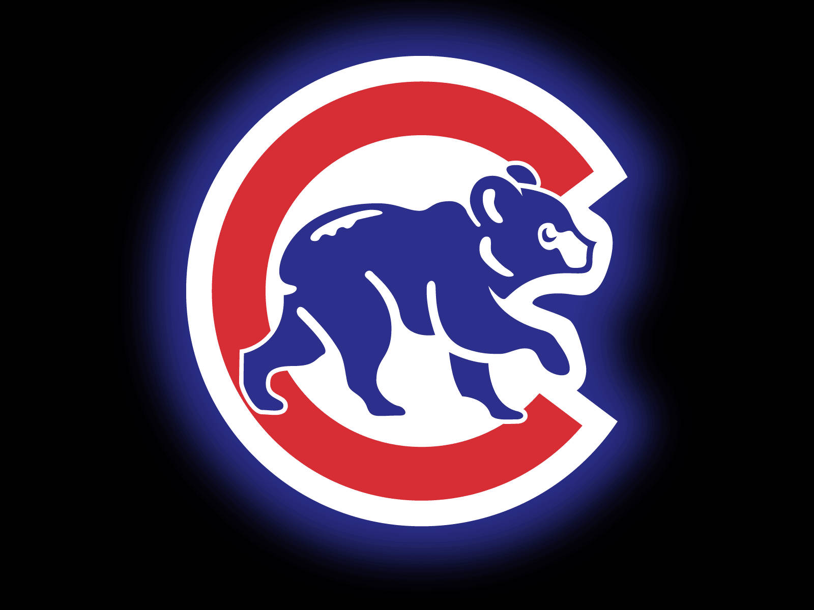 Cubs 桌布 壁紙 — 一個發光的芝加哥小熊隊標誌，在深色背景上，紅色和白色的「C」內有一隻藍色的熊。
