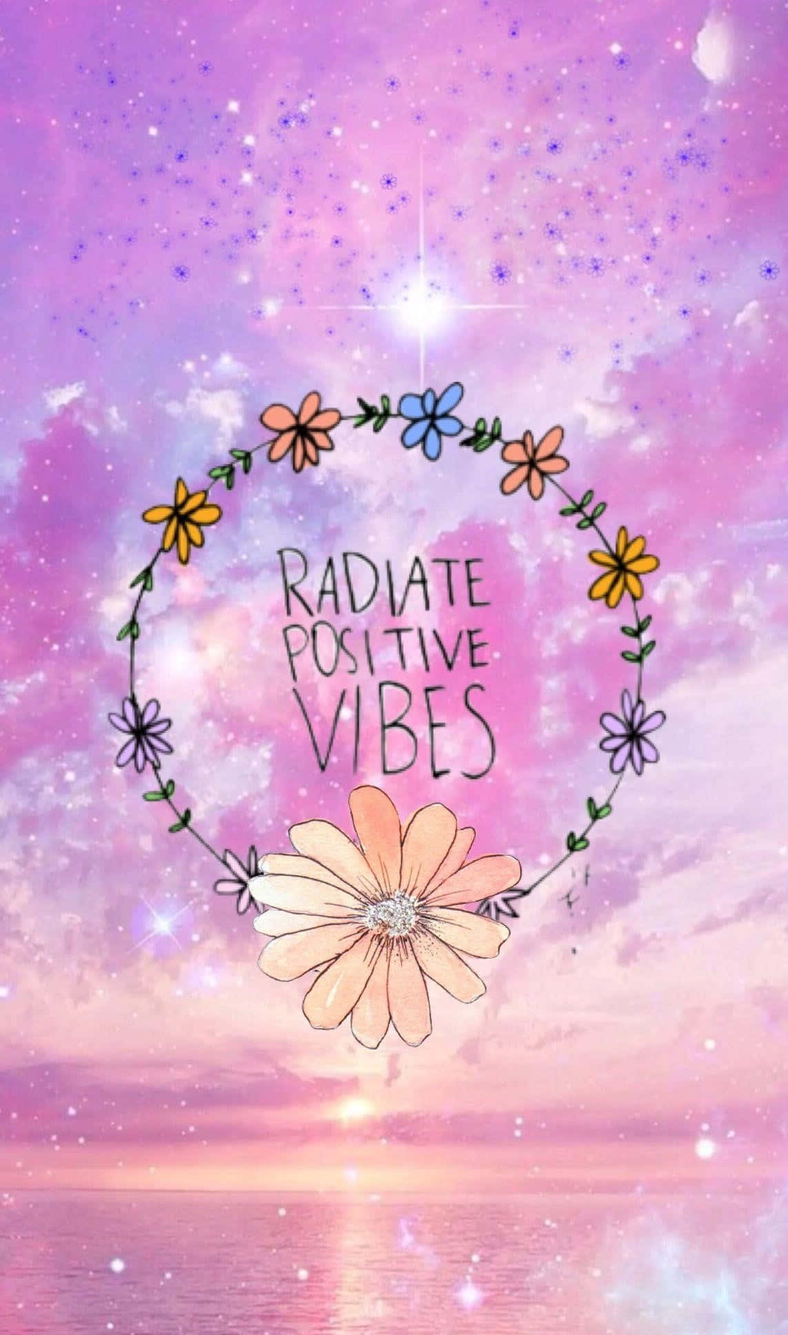 positive vibes 桌布 壁紙 — 一個發光的花環，上面有「散發正能量」的文字，漂浮在閃爍的粉紅色和紫色日落水面上。