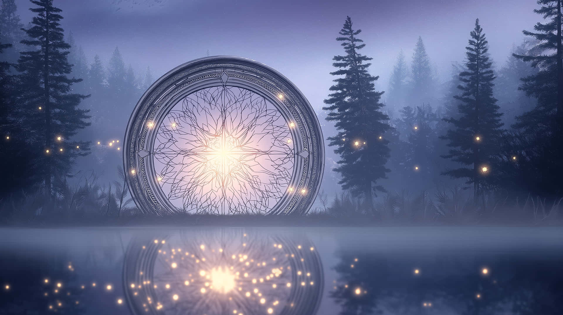 Mystical Portal with Energetic Core by Water's Edge 壁紙 — 一個發光的華麗圓形傳送門，帶有複雜的圖案，發出耀眼的光芒，完美地反射在一個被黑暗松樹環繞的霧氣湖中。