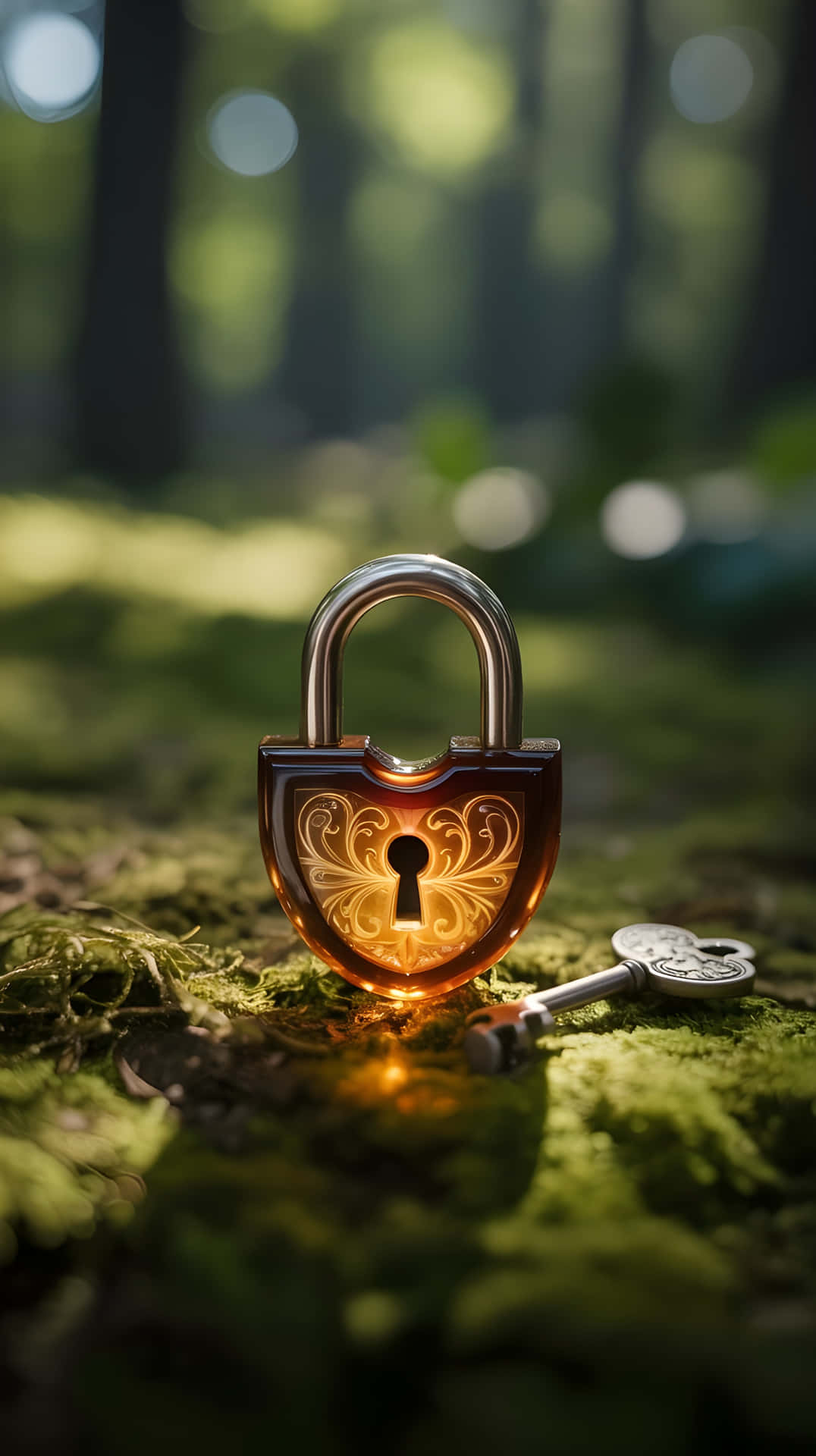 Fantasy-Inspired Amber Lock and Key in Nature 壁紙 — 一個發光的華麗掛鎖，旁邊有一把鑰匙，放在沐浴在斑駁陽光下的長滿苔蘚的森林地面上。