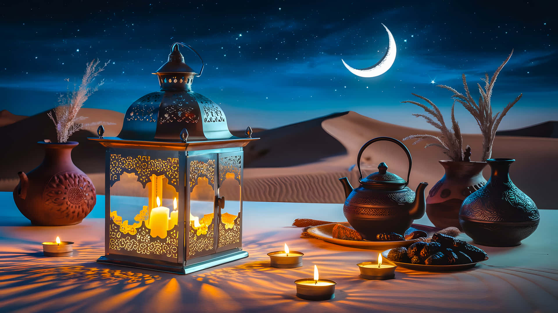 Ramadan lantern and tea set under a crescent moon 壁紙 — 一個發光的華麗燈籠和茶具放在桌子上，背景是新月和星空沙漠之夜。