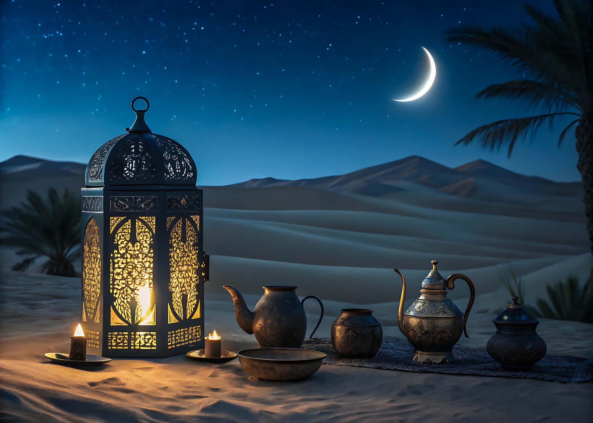 Lantern and teapots in desert under crescent moon sky 壁紙 — 一個發光的華麗燈籠和茶具放在沙漠沙地上，背景是星空夜空，有新月和棕櫚樹。
