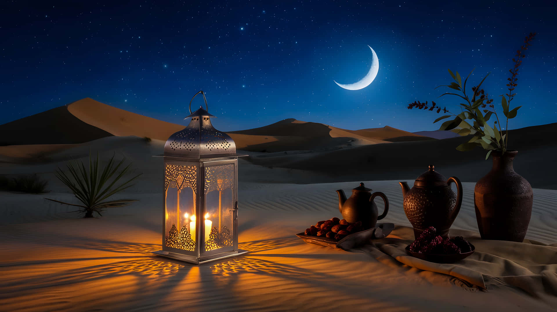 Ramadan lantern and tea in a desert night scene 壁紙 — 一個發光的華麗燈籠在沙漠沙地上投下複雜的陰影，旁邊有茶壺、椰棗和一個花瓶，上方是帶有新月和星星的天空。