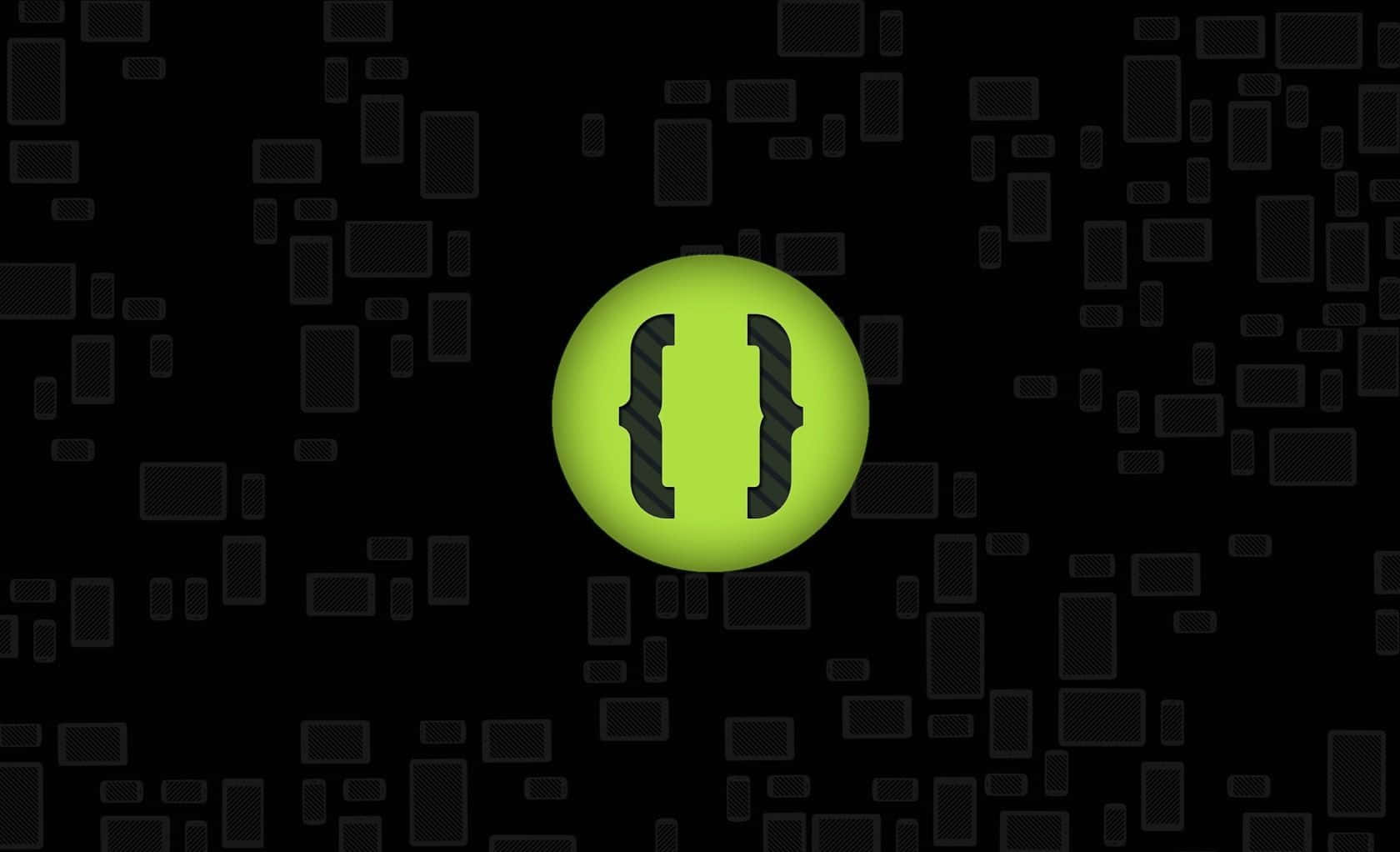 Android Computer 桌布 壁紙 — 一個發光的萊姆綠色圓圈，帶有黑色大括號，漂浮在散落著灰色矩形的黑色背景上。