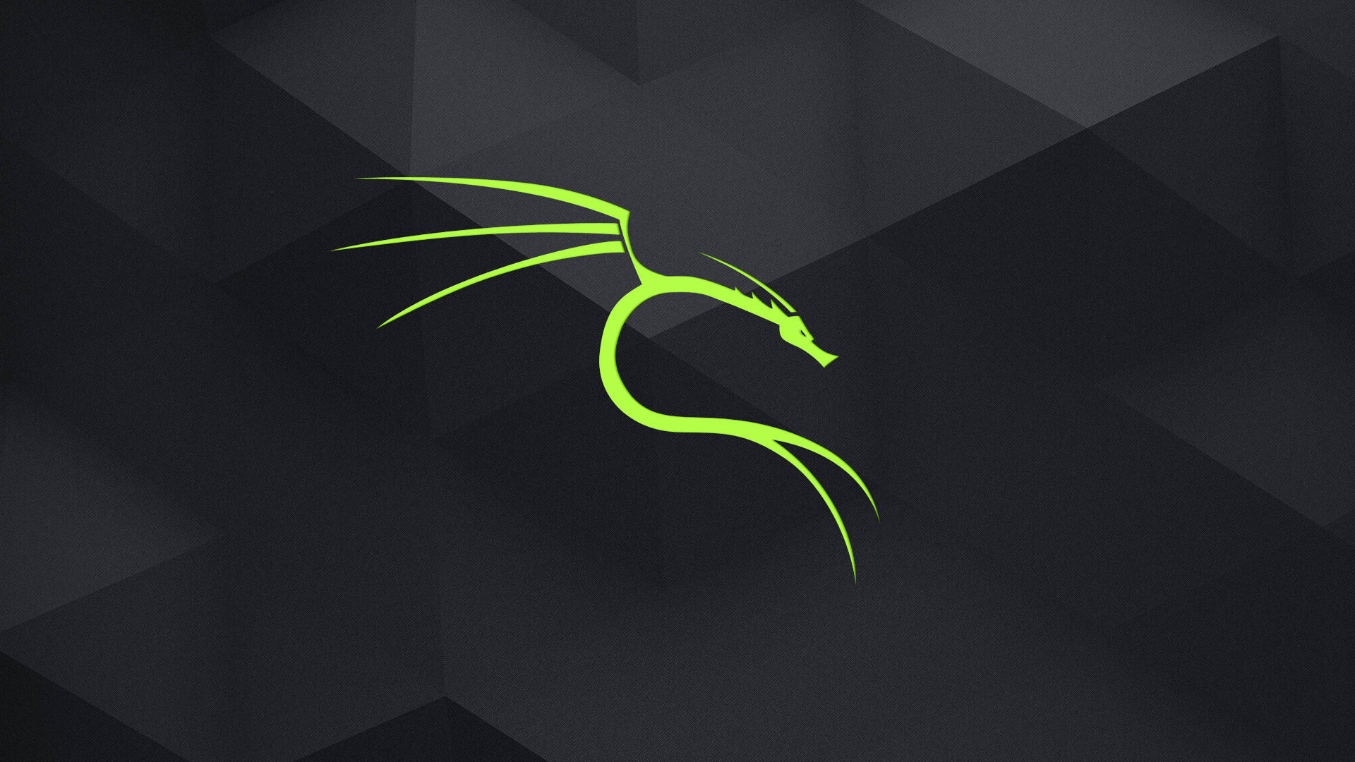 Linux 桌布 壁紙 — 一個發光的萊姆綠色龍標誌漂浮在深色幾何多邊形背景上。