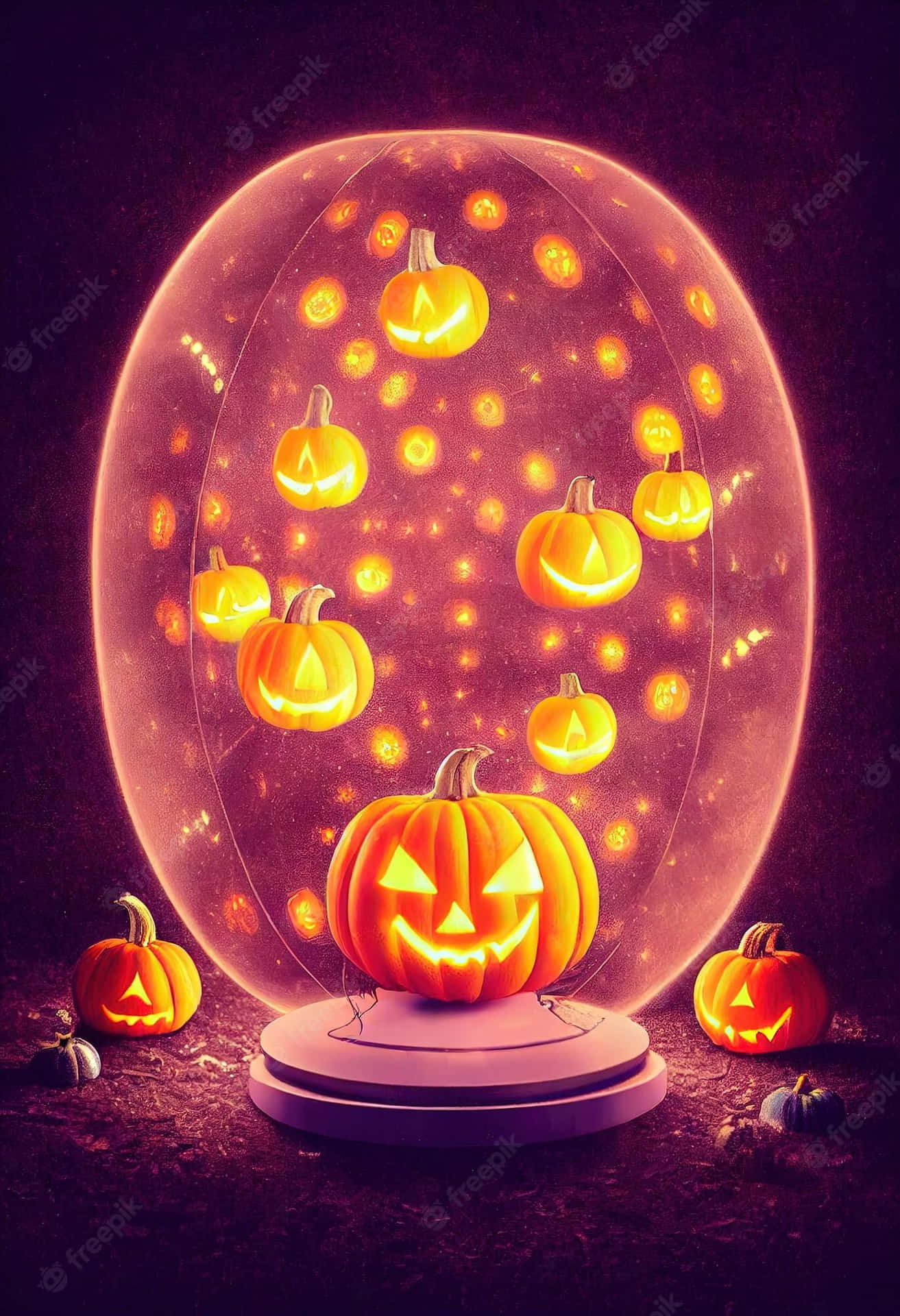 Neon Halloween 桌布 壁紙 — 一個發光的萬聖節雪花球，裡面充滿了漂浮的傑克南瓜燈和閃爍的燈光，背景是深紫色。