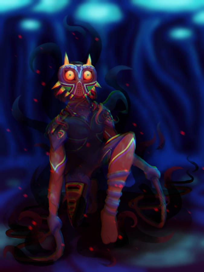 Majora's Mask 桌布 壁紙 — 一個發光的蒙面人物，有著發光的眼睛和觸手，蹲在深藍色的水下場景中，漂浮著紅色粒子。