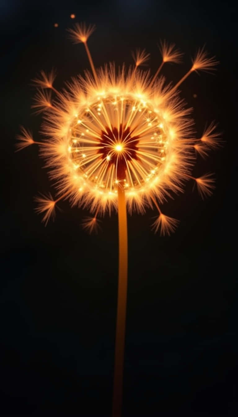 Flower 壁紙 — 一個發光的蒲公英種子頭在深黑色背景下散發出溫暖的金色光芒。