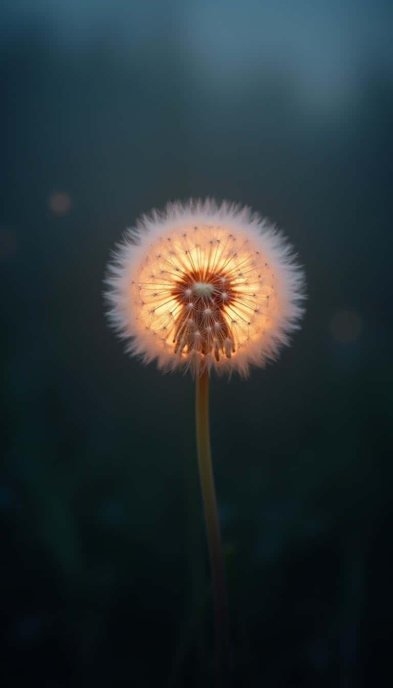Flower 壁紙 — 一個發光的蒲公英種子頭在黑暗模糊的背景中高高聳立，伴隨著柔和的散景燈光。