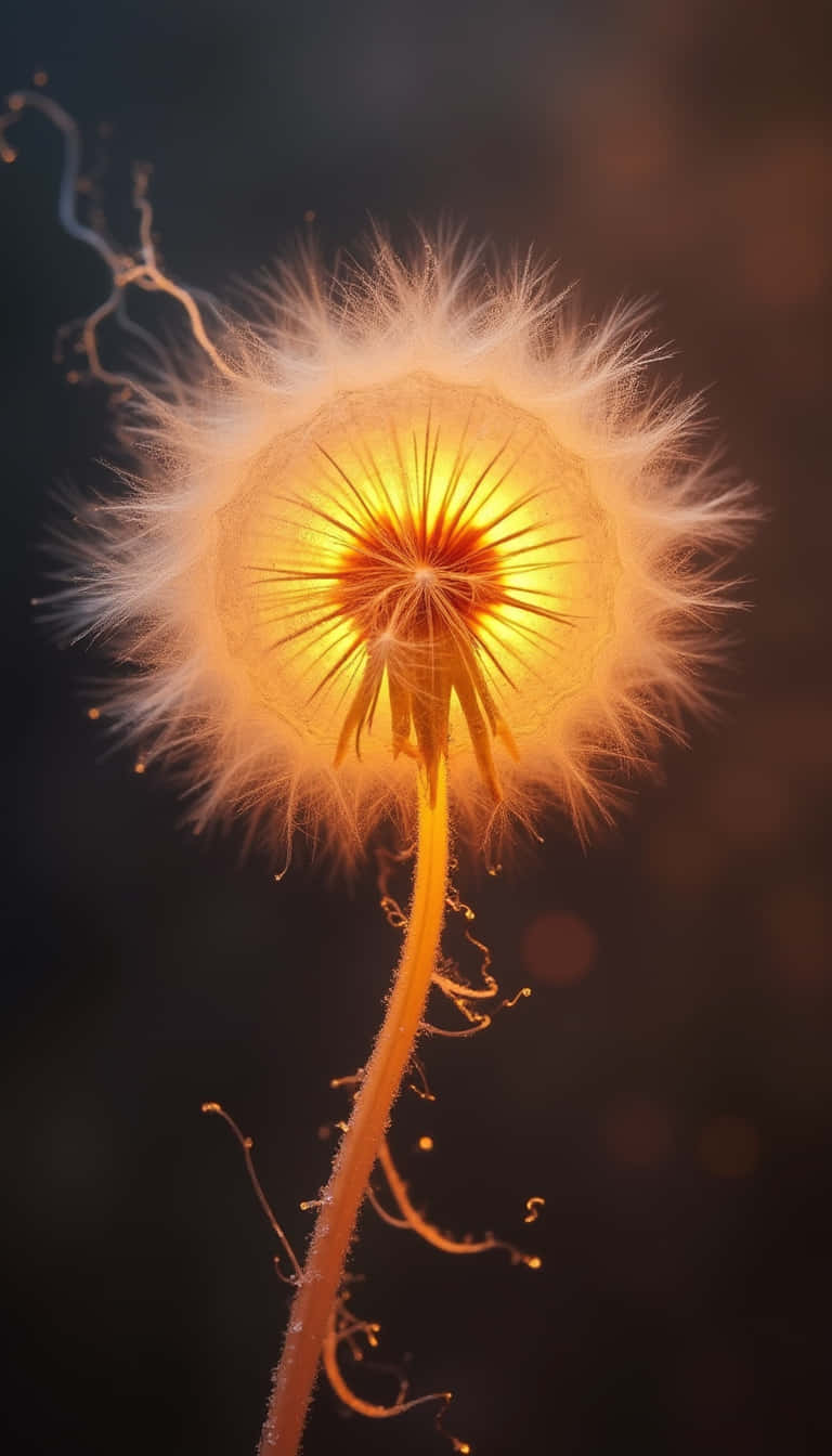 花卉 桌布 壁紙 — 一個發光的蒲公英種子頭在黑暗模糊的背景中散發出溫暖的金色光芒。