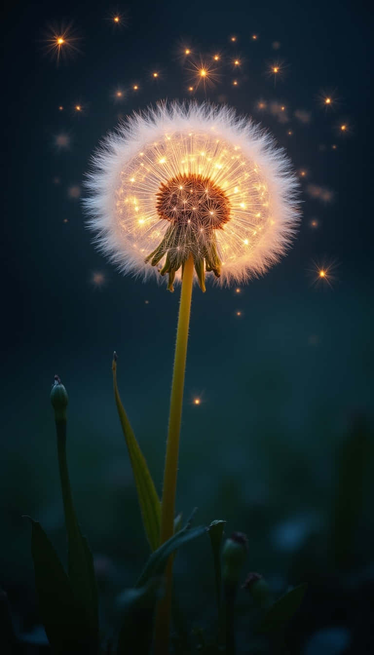 Flower 壁紙 — 一個發光的蒲公英種子頭在點綴著閃爍星星的深藍色夜空下散發出溫暖的光芒。