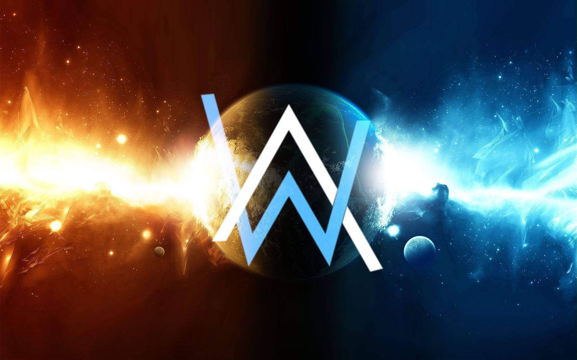 艾倫·沃克 桌布 壁紙 — 一個發光的藍白「W」標誌，位於行星中心，背景是熾熱橙色和電光藍色的宇宙星雲。