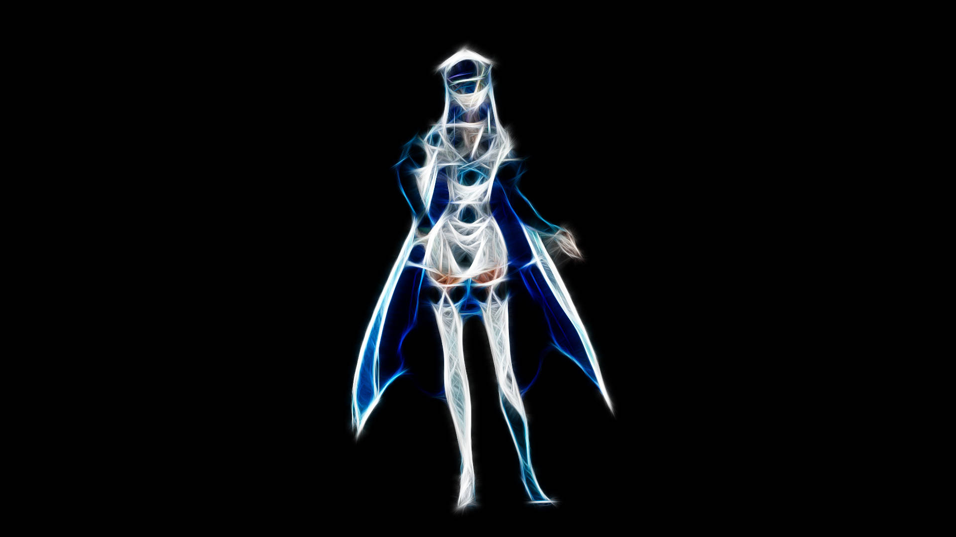 Esdeath 桌布 壁紙 — 一個發光的藍白色動漫風格女戰士剪影站在黑色背景前。