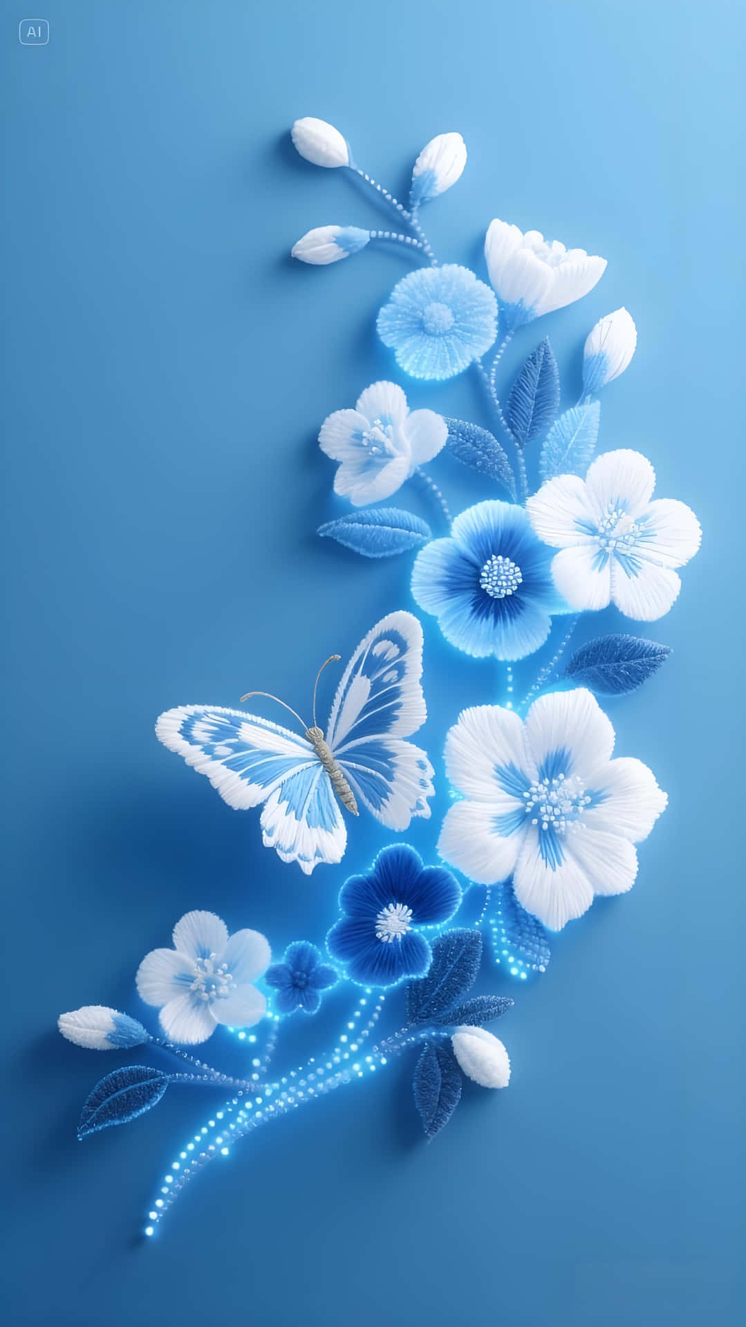 Blue Butterfly & Flowers: 3D Glowing Floral Art Wallpaper 壁紙 — 一個發光的藍白花卉佈置，帶有一隻蝴蝶，在純藍色背景上對角漂浮。