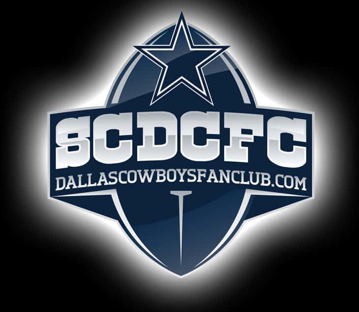 Dallas Cowboys Logo 桌布 壁紙 — 一個發光的藍白達拉斯牛仔隊粉絲俱樂部標誌，帶有星星和文字，背景為黑色。