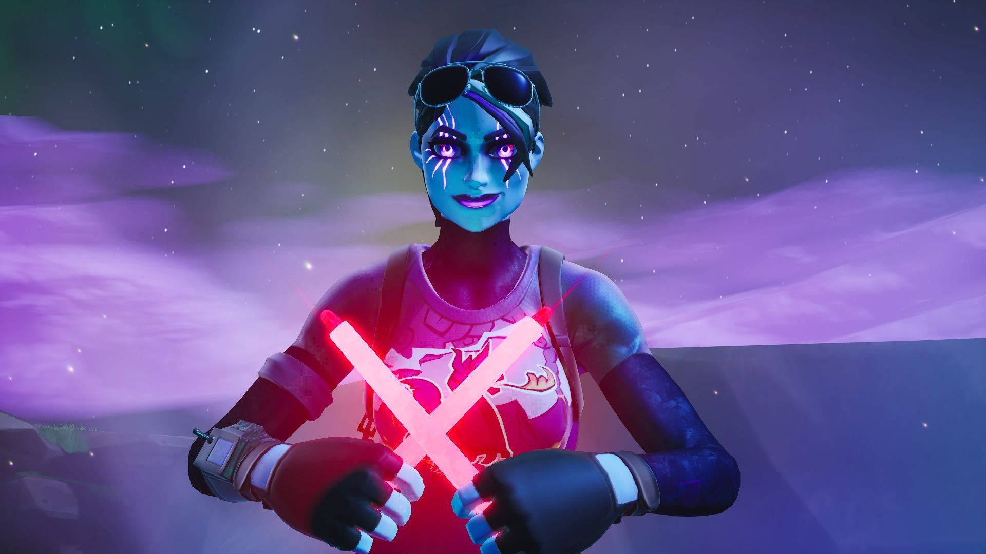 Fortnite 縮圖 桌布 壁紙 — 一個發光的藍皮膚Fortnite角色在繁星點點的紫色天空下，以X形狀手持兩個粉紅色霓虹燈。