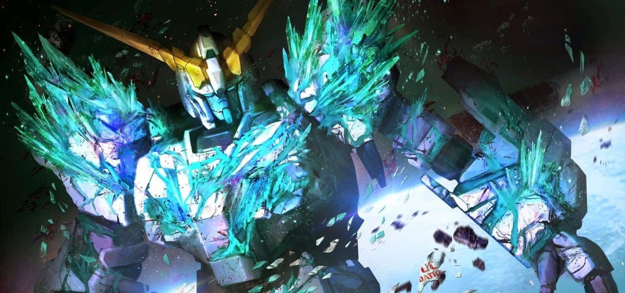 Gundam Unicorn 桌布 壁紙 — 一個發光的藍綠色機甲，帶有水晶裝甲，站在黑暗宇宙場景中的破碎瓦礫之間。