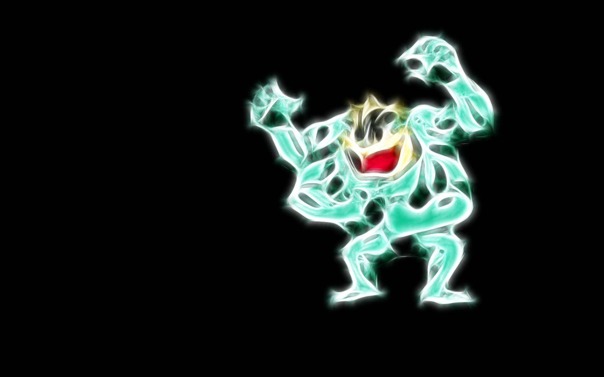Machamp 桌布 壁紙 — 一個發光的藍綠色鬼魂生物，有著寬大的紅色嘴巴和黃色眼睛，在黑色背景上展示肌肉。