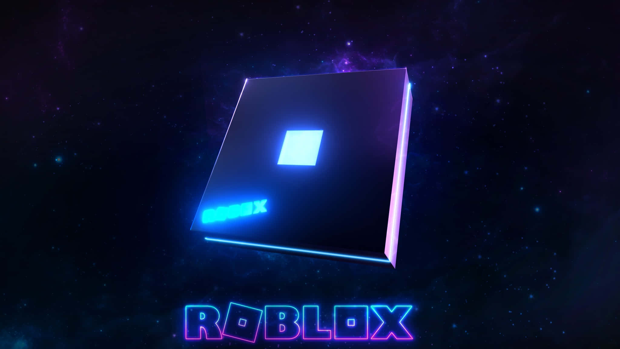 Roblox 桌布 壁紙 — 一個發光的藍色 Roblox 標誌立方體漂浮在繁星點點的宇宙虛空中，帶有霓虹輪廓，品牌名稱在下方。