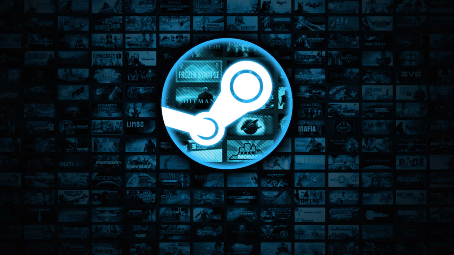Indie Games 桌布 壁紙 — 一個發光的藍色 Steam 標誌，置於深色電玩遊戲封面網格中央。