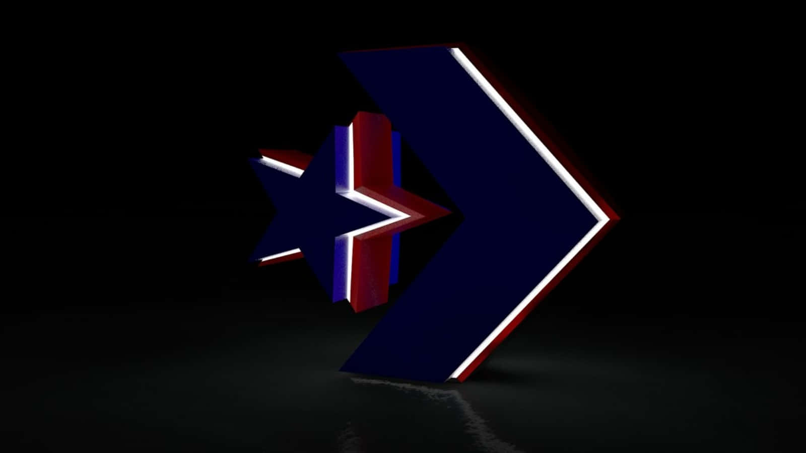 Converse Logo 桌布 壁紙 — 一個發光的藍色、紅色和白色星形3D箭頭站在黑色背景前的黑暗地板上。