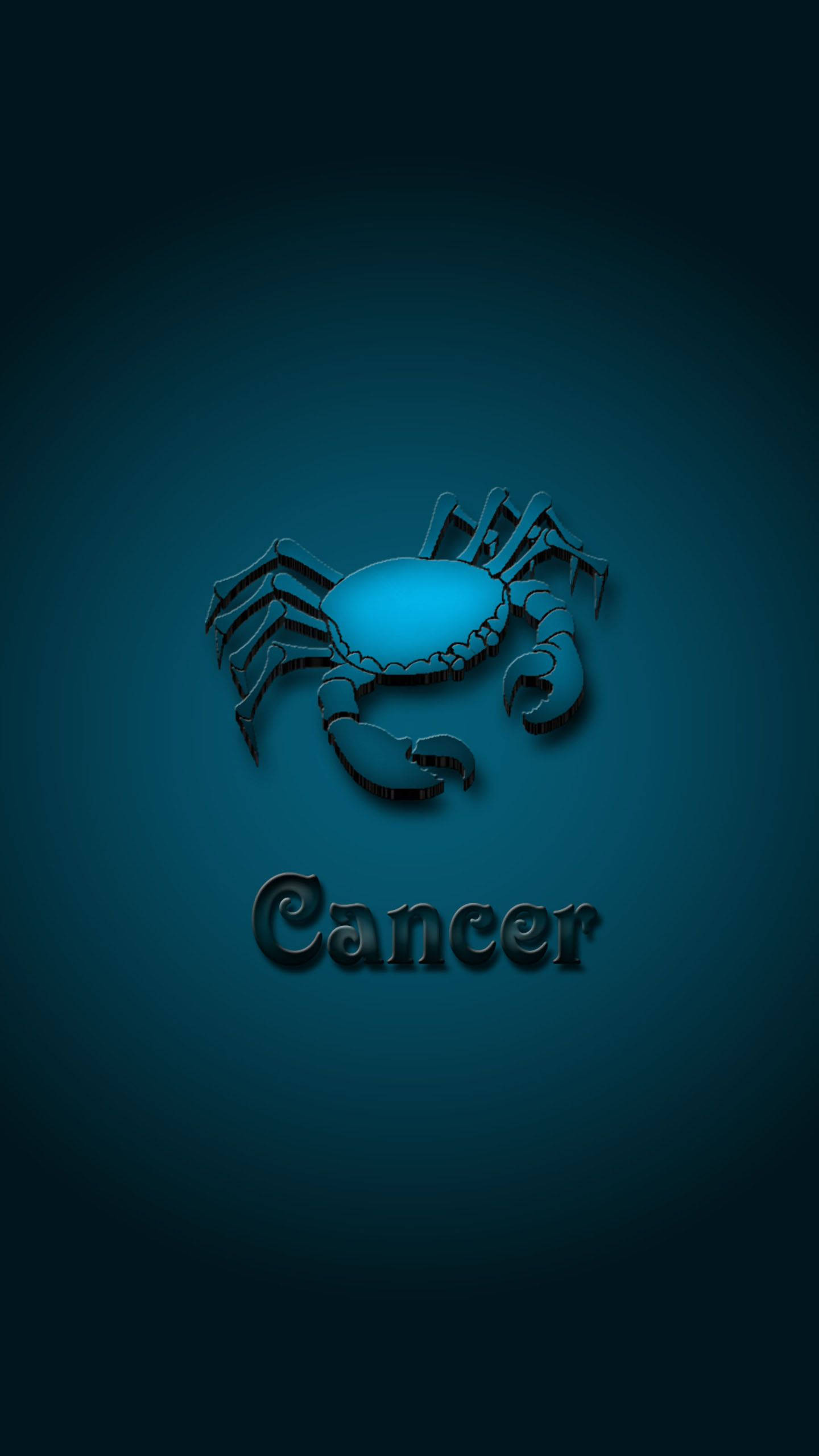 zodiac 桌布 壁紙 — 一個發光的藍色3D巨蟹座星座符號，居中放置在漸層青綠色背景上，下方有Cancer字樣。