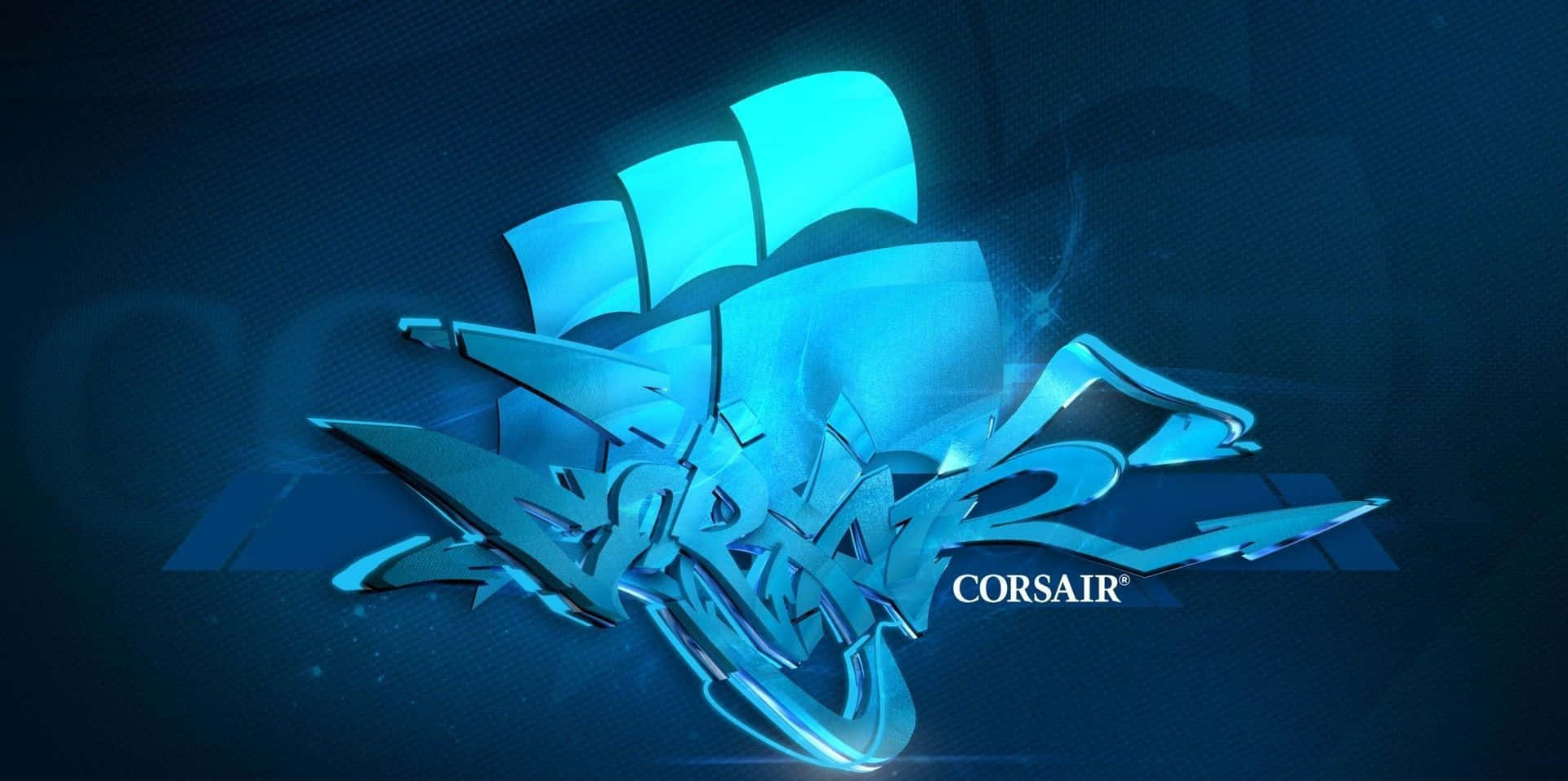海盜船 桌布 壁紙 — 一個發光的藍色3D渲染Corsair標誌，具有銳利的金屬邊緣和動態照明，背景為深藍色漸變。