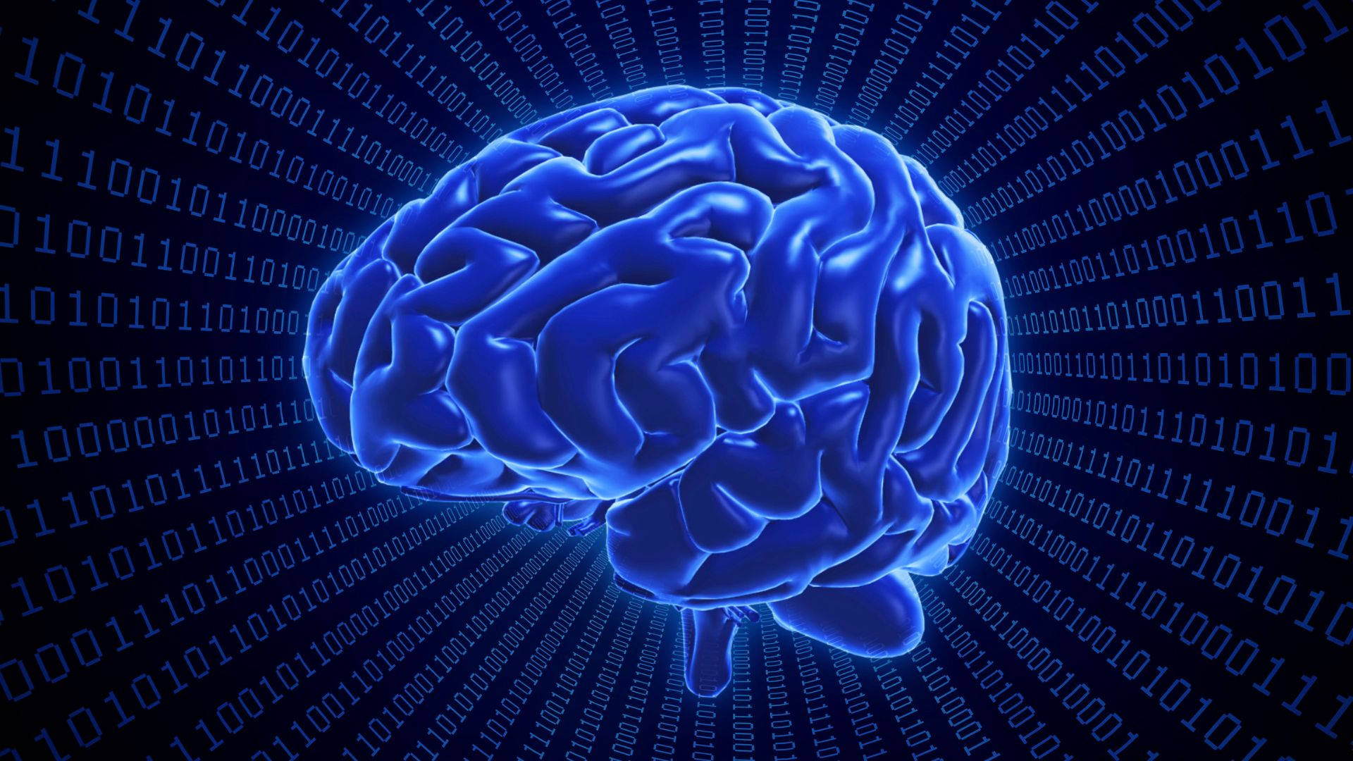 mind 桌布 壁紙 — 一個發光的藍色3D渲染人腦，被流動的二進制代碼包圍在黑暗背景上。