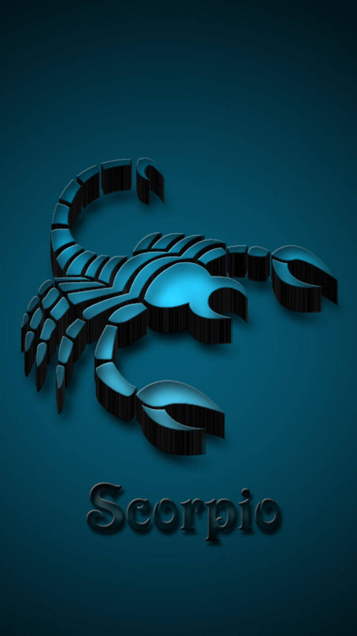 Scorpio 桌布 壁紙 — 一個發光的藍色3D渲染天蠍座星座符號，在深藍綠色漸變背景上突出顯示，下方有Scorpio字樣。