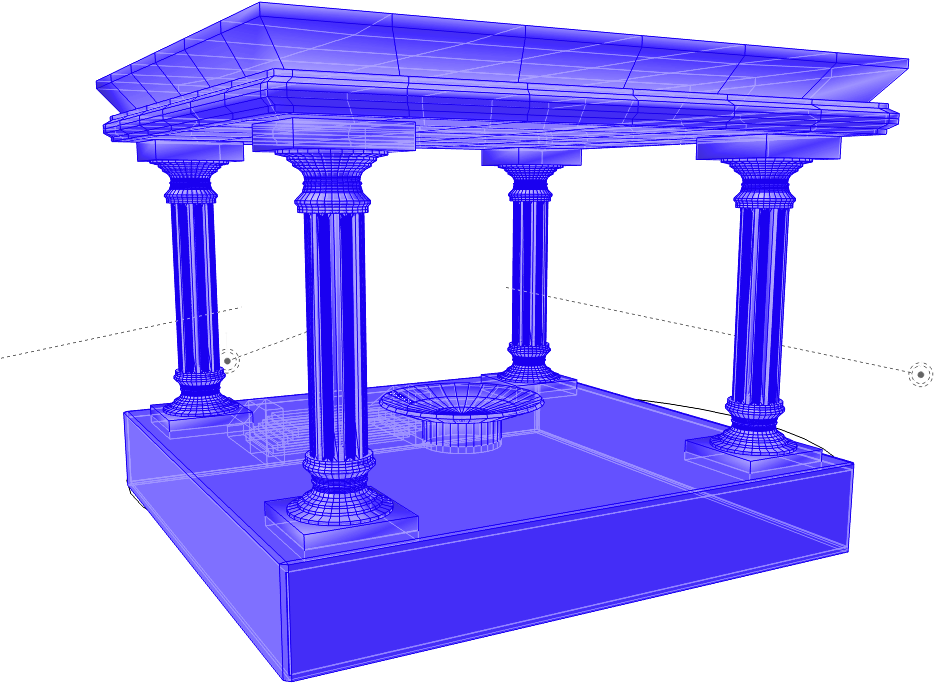 廟宇 桌布 壁紙 — 一個發光的藍色3D線框模型，描繪一個帶有柱子和中央噴泉的古典亭子，背景為黑色。