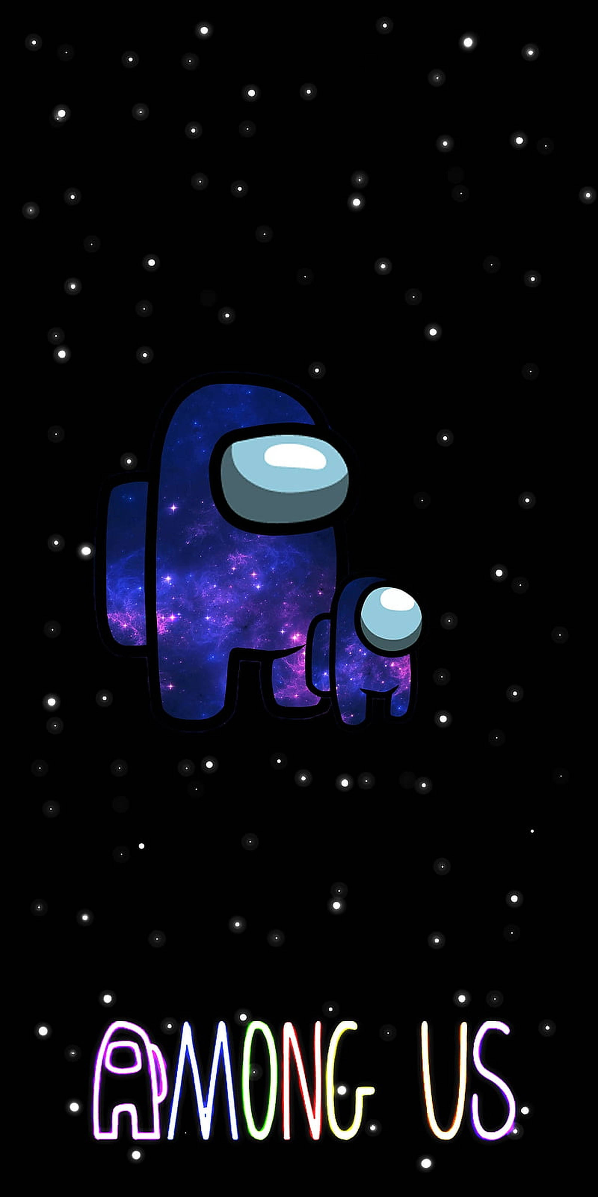 US 桌布 壁紙 — 一個發光的藍色Among Us角色漂浮在星空銀河系中，下方有一個較小的同伴，底部有彩色霓虹文字。