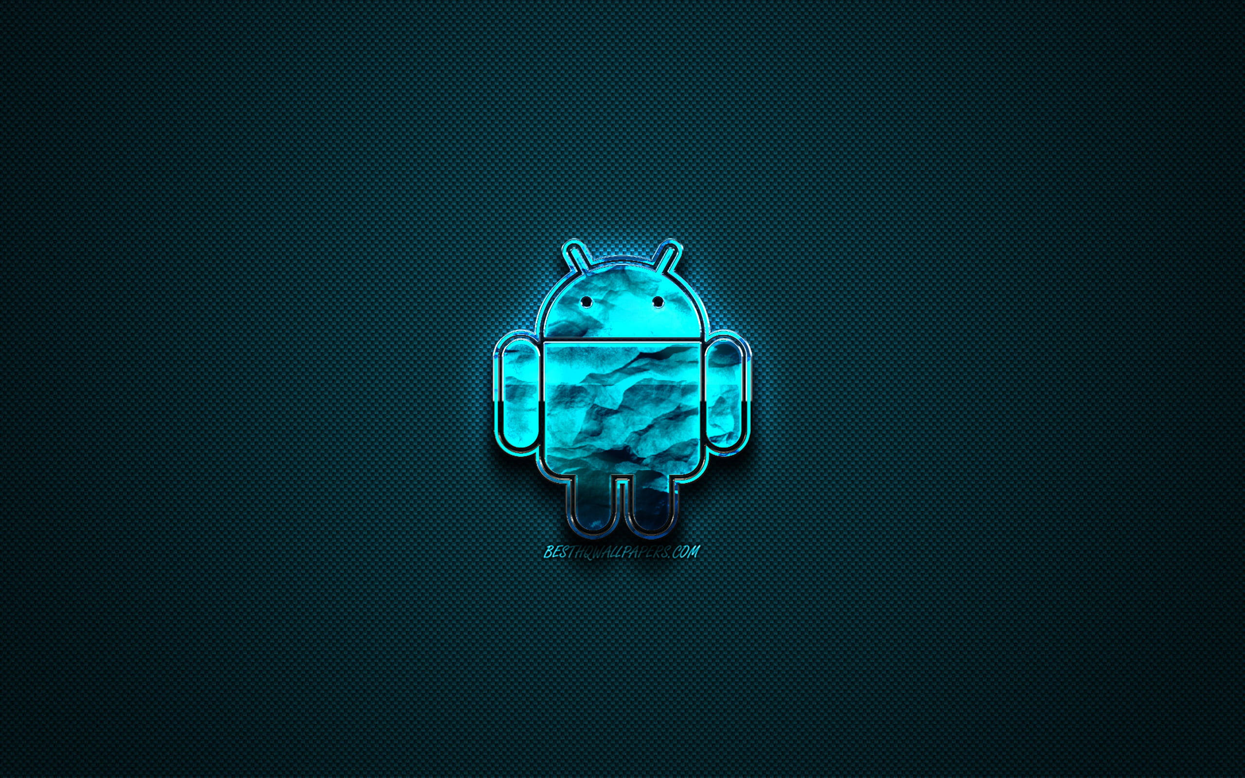 Android Desktop 桌布 壁紙 — 一個發光的藍色Android吉祥物，帶有大理石紋理，居中放置在深色紋理背景上。